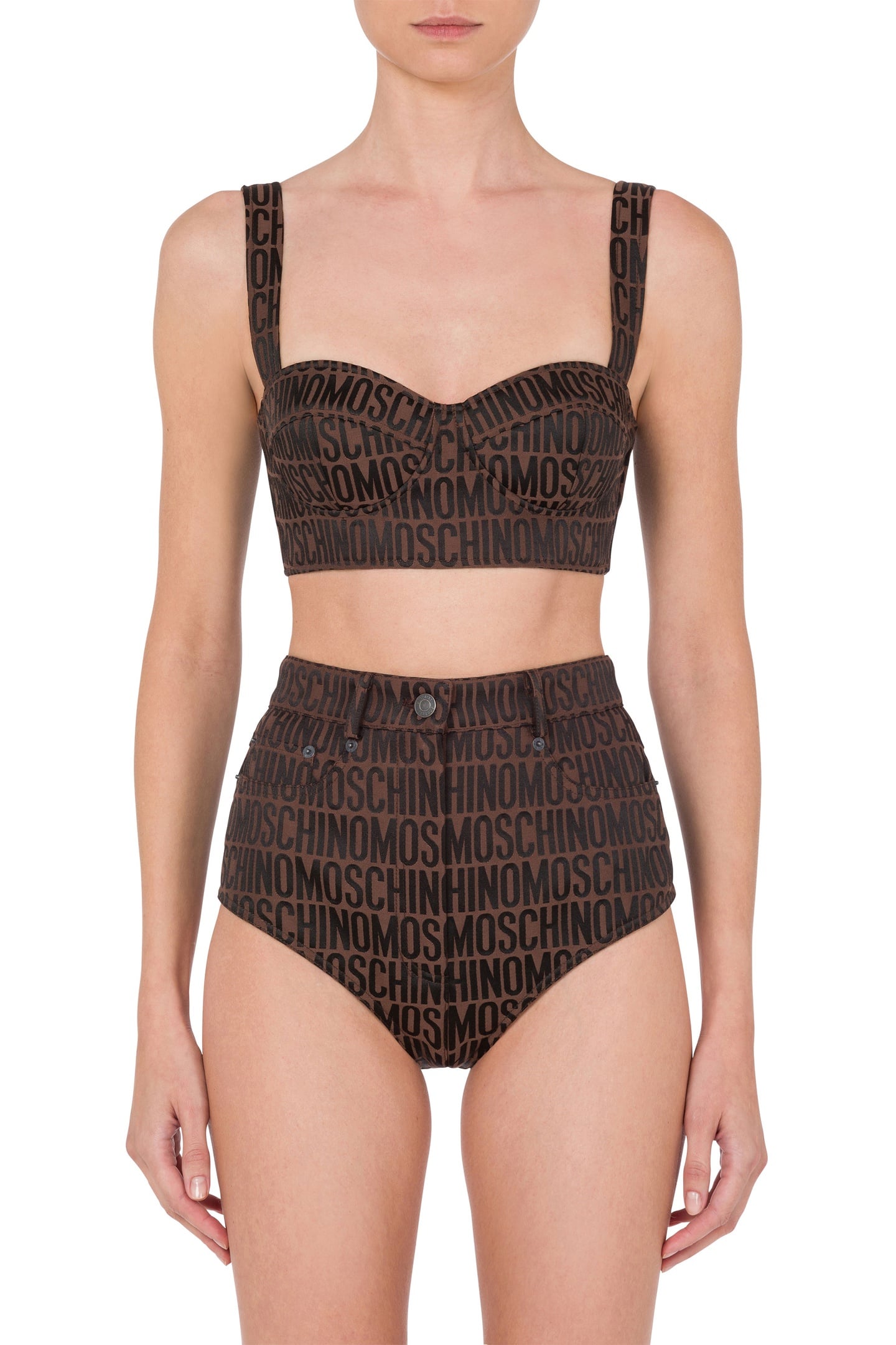 Moschino Crop Top In Nylon Allover Logo Brown Maat: 38 | BH's Outlet | Dames | Bruin