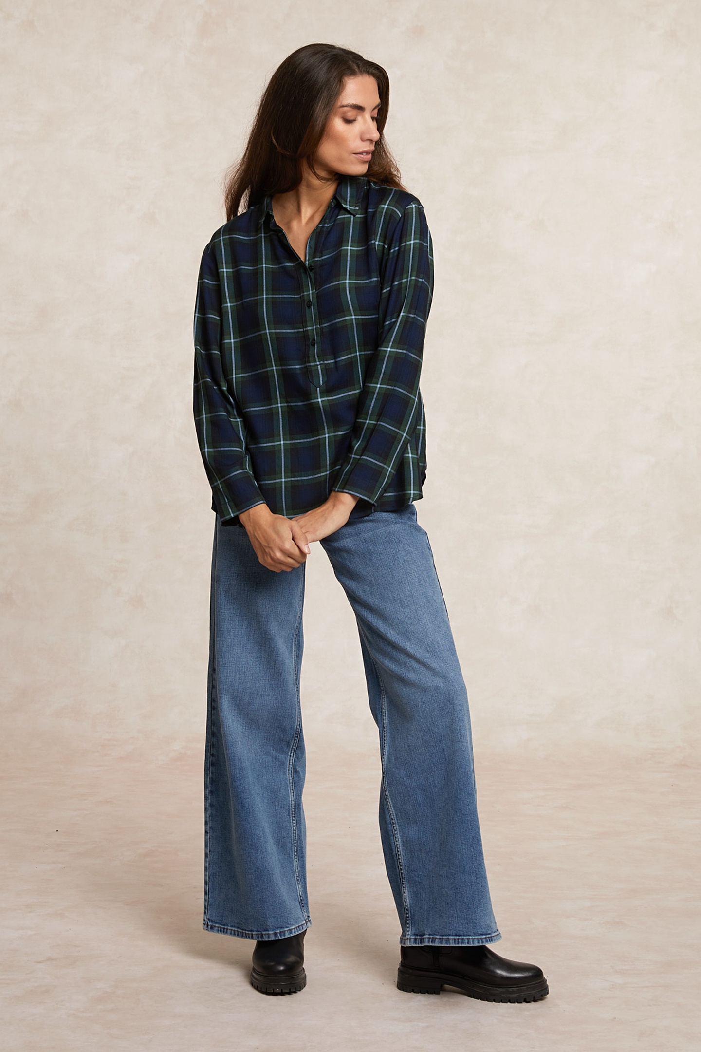 River Woods Loose Checked Blouse Blue/khaki Maat: 34 | Longsleeves Outlet | Dames | Blauw
