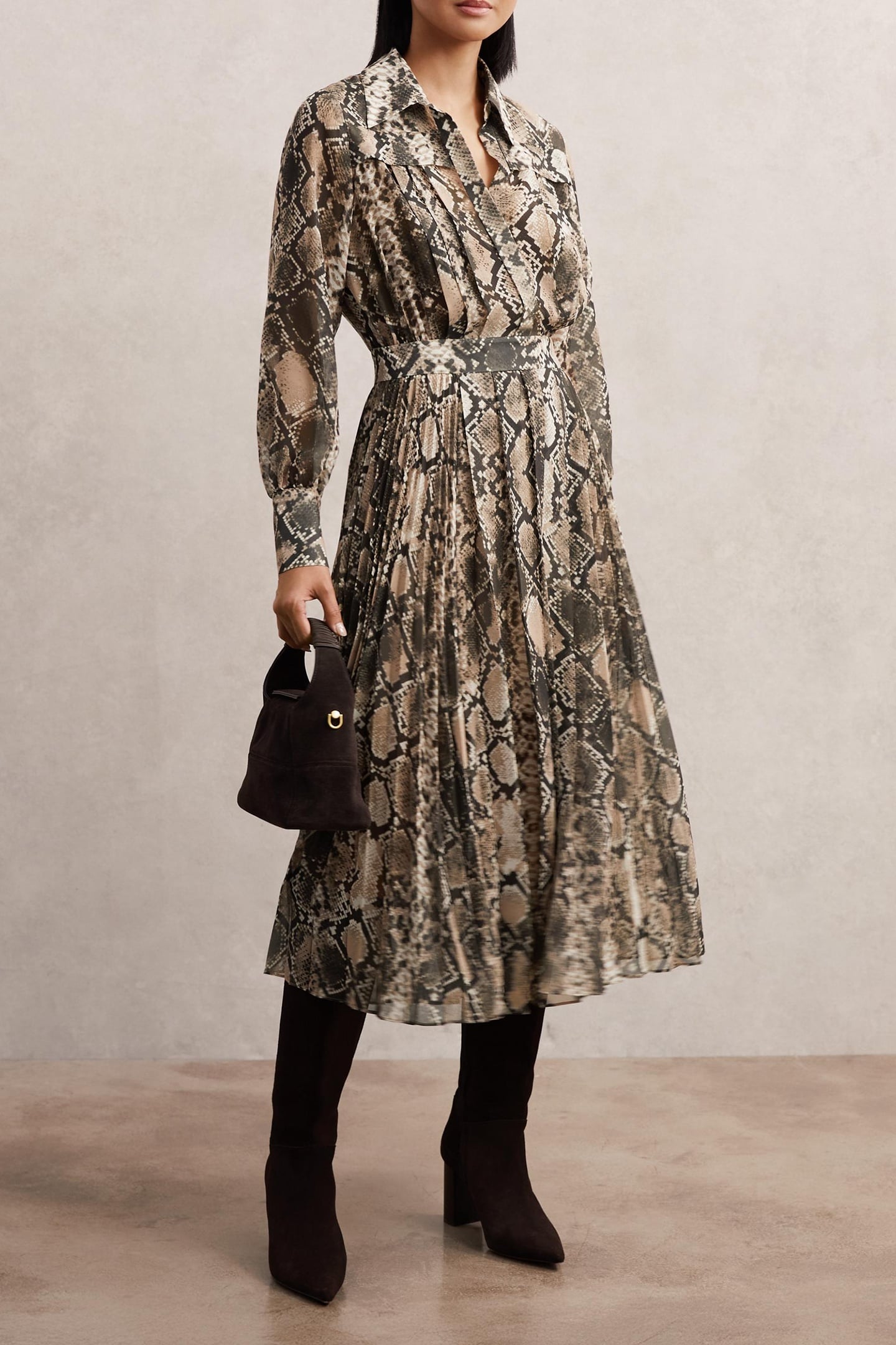 Reiss Snake Print Midi Dress Neutral Maat: 6 | Blousejurken Outlet | Dames | Bruin