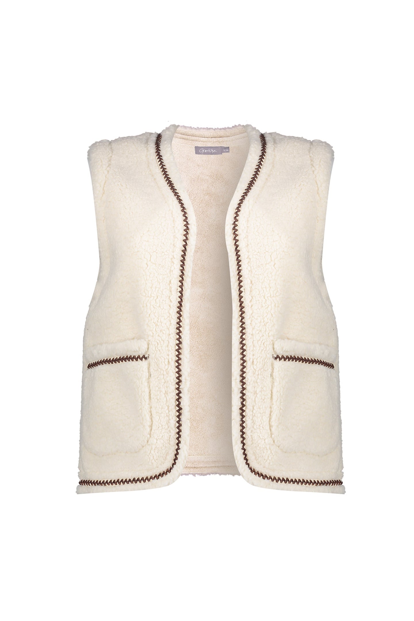 Geisha Gilet Teddy Embroidery Off-white/tape Dark Brown Zigzag Maat: XL | Gilets Outlet | Dames | Wit