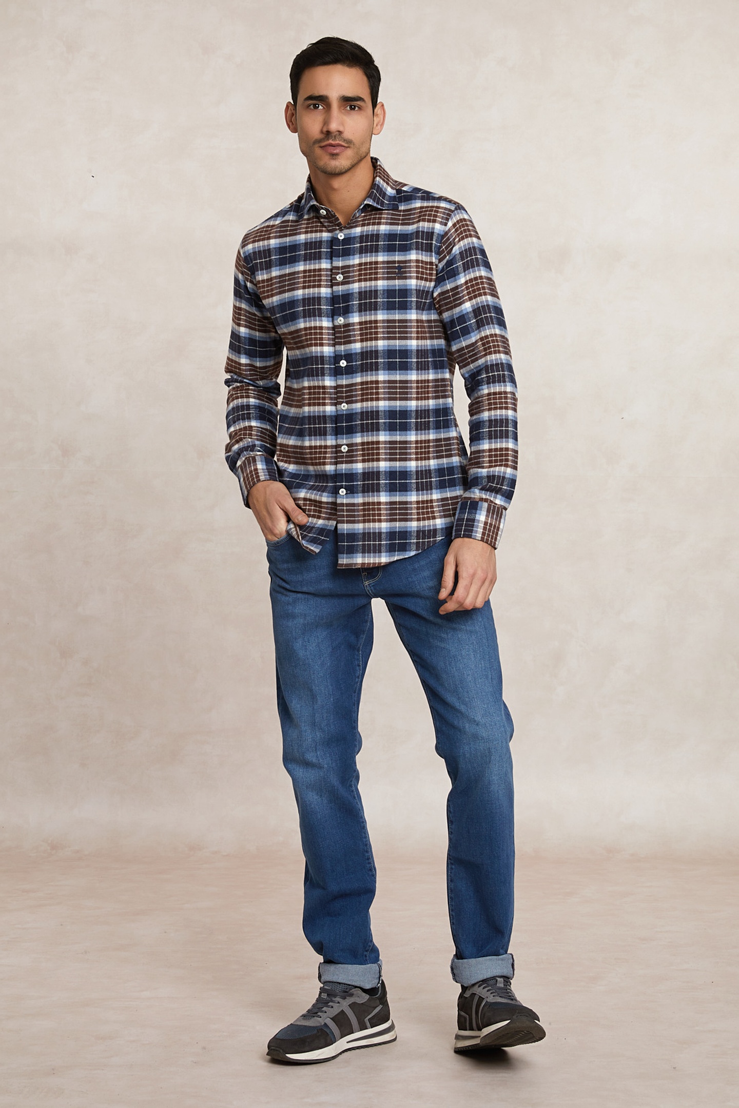 River Woods Slim Fit Checked Flannel Shirt Blue/brown Maat: S | Casual Overhemden Outlet | Heren | Blauw