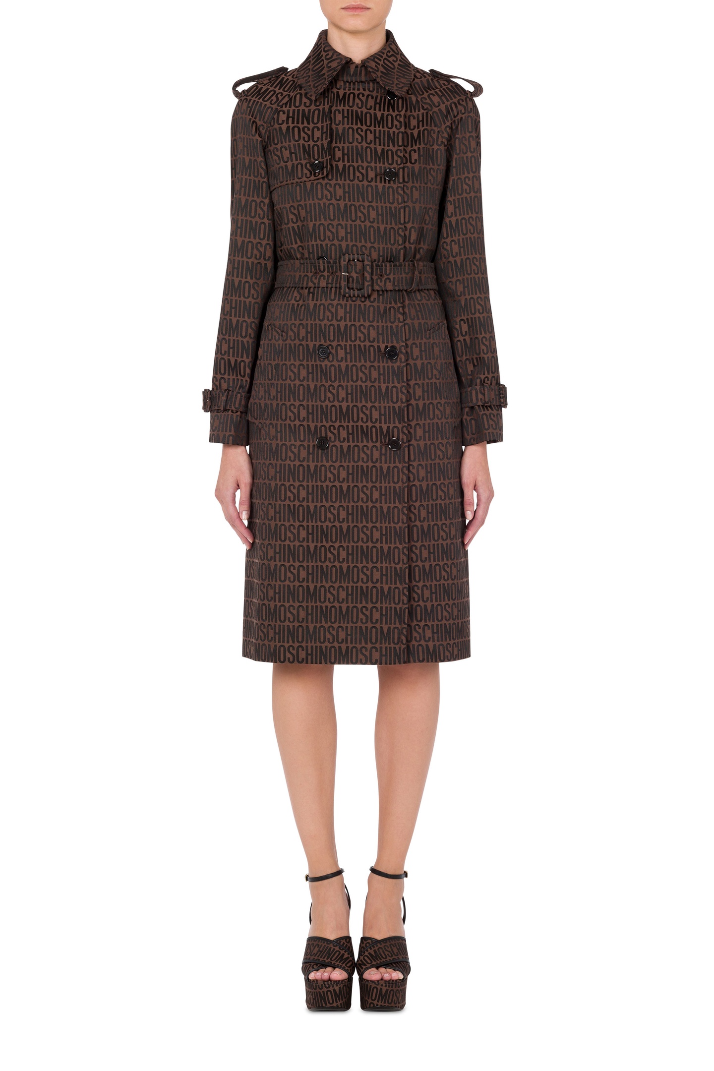 Moschino Allover Logo Nylon Trench Coat Brown Maat: 42 | Trenchcoats Outlet | Dames | Bruin