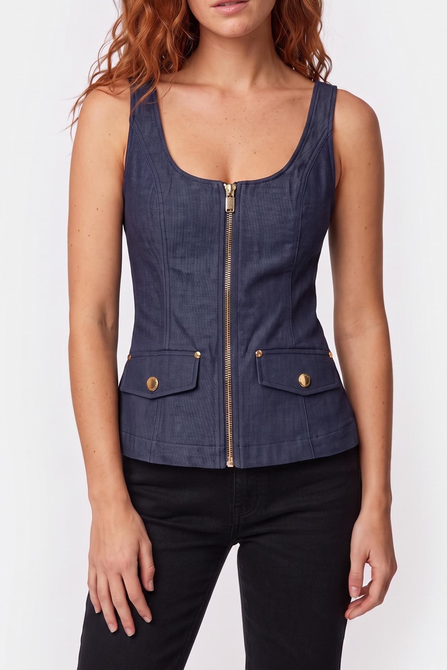 GUESS Zipped Sl Corset Top Dark Wash Maat: 36 | Mouwloze Tops Outlet | Dames | Blauw