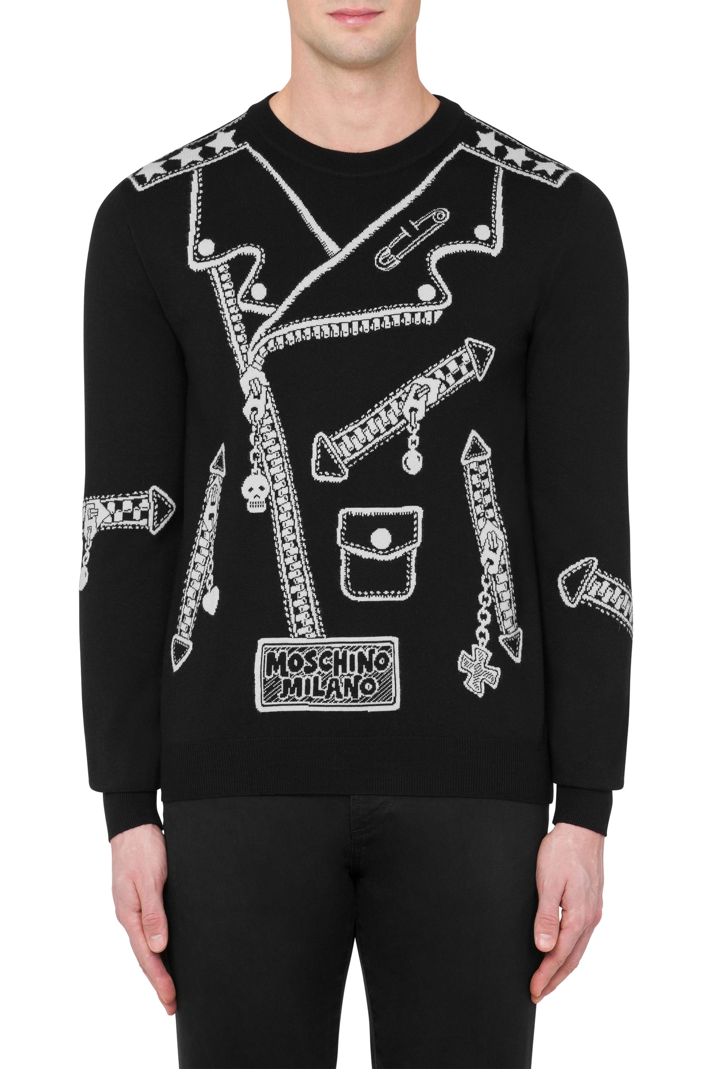 Moschino Wool Pullover Biker Inlay Black Maat: 50 | Sweaters Outlet | Heren | Zwart