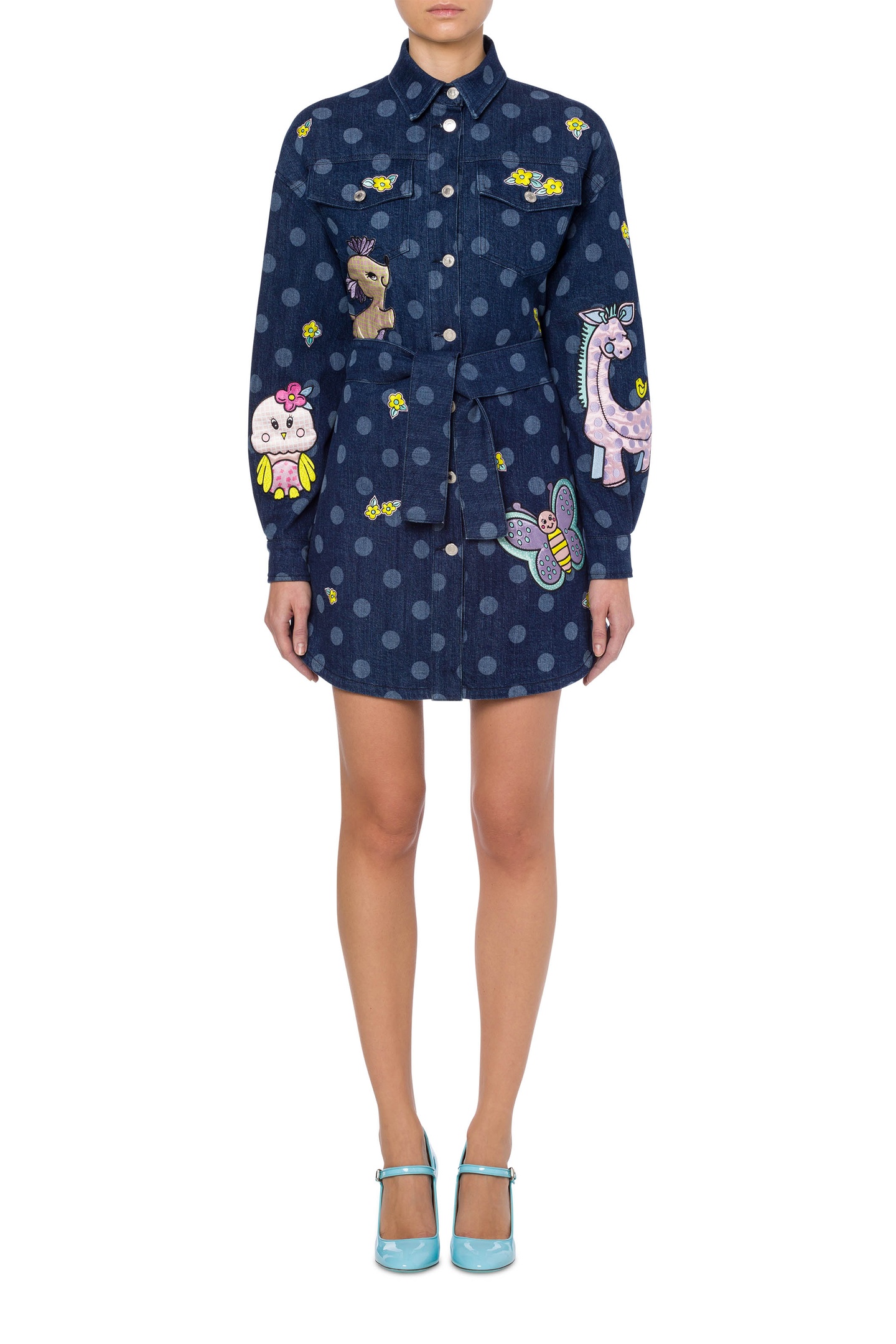 Moschino Polka Dot Denim Dress Animal Patch Blue Maat: 38 | Maxi Jurken Outlet | Dames | Blauw