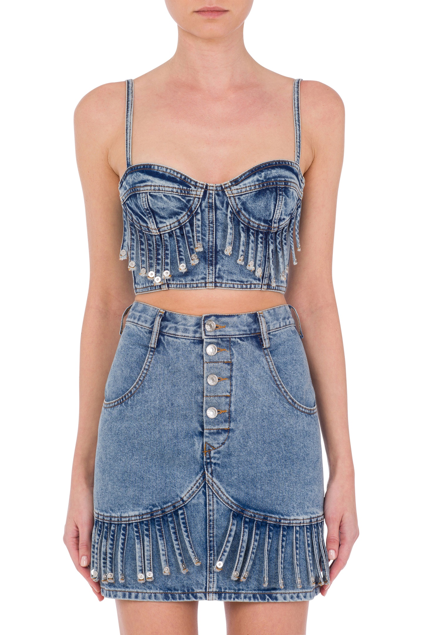 Moschino Recycled Denim Crop Top With Fringes Blue Maat: S | Blouses Outlet | Dames | Blauw