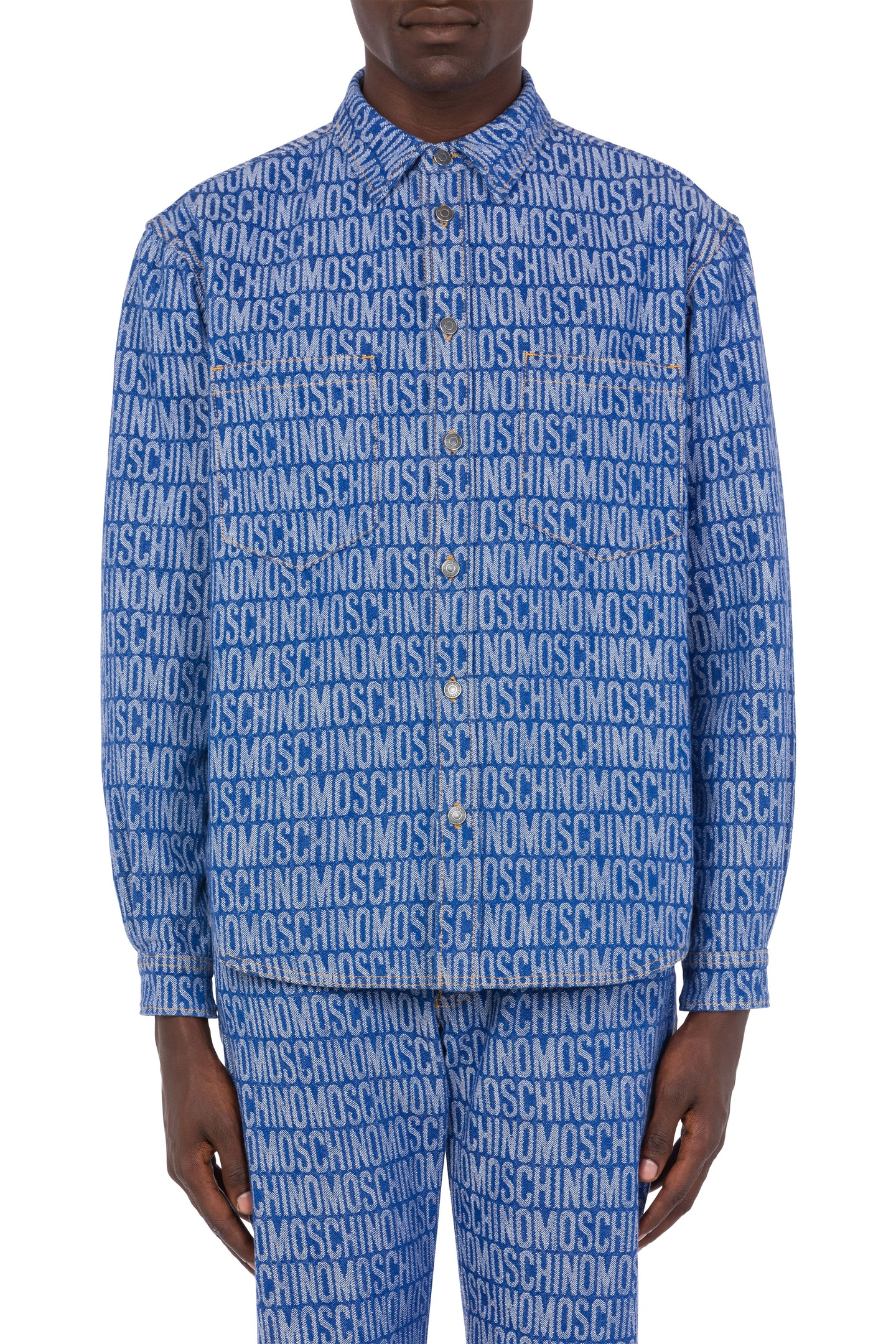 Moschino Allover Logo Jacquard Denim Shirt Blue Maat: 39 | Longsleeves Outlet | Heren | Blauw