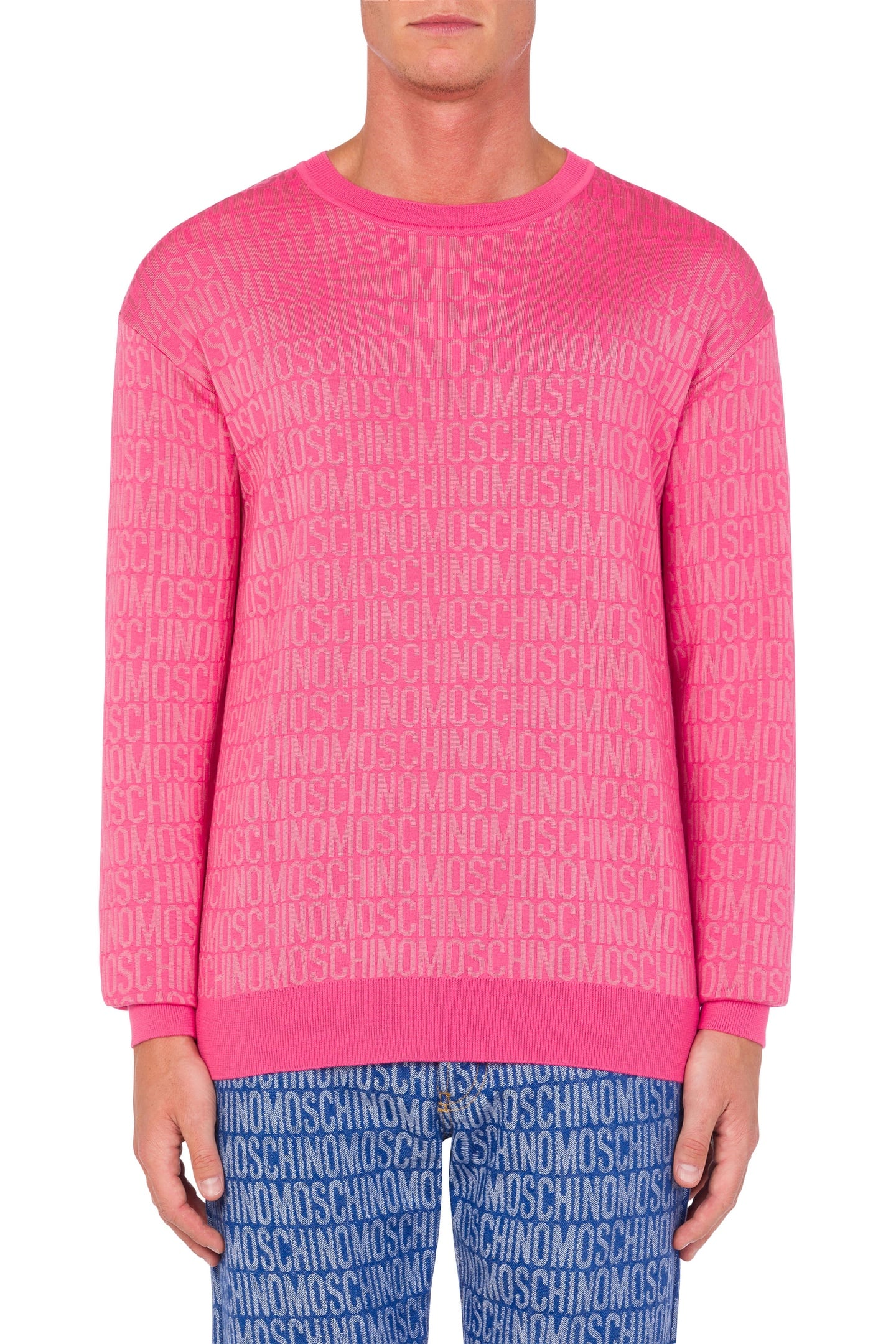Moschino Allover Logo Jacquard Wool Pullover Pink Maat: 46 | Longsleeves Outlet | Heren | Roze