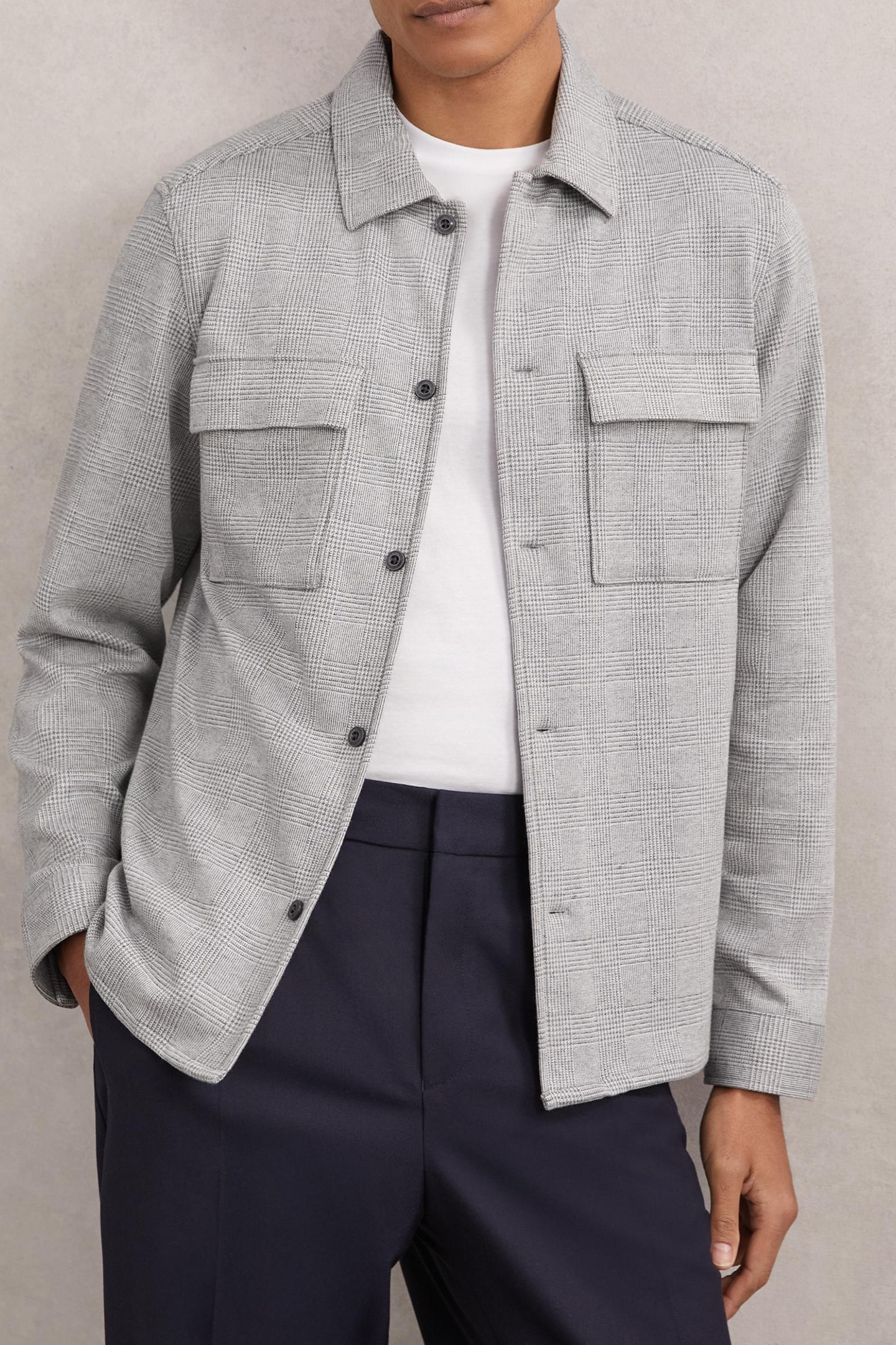 Reiss Ls Jersey Check Twin Pocket Overshirt Soft Grey Maat: XS | Longsleeves Outlet | Heren | Grijs