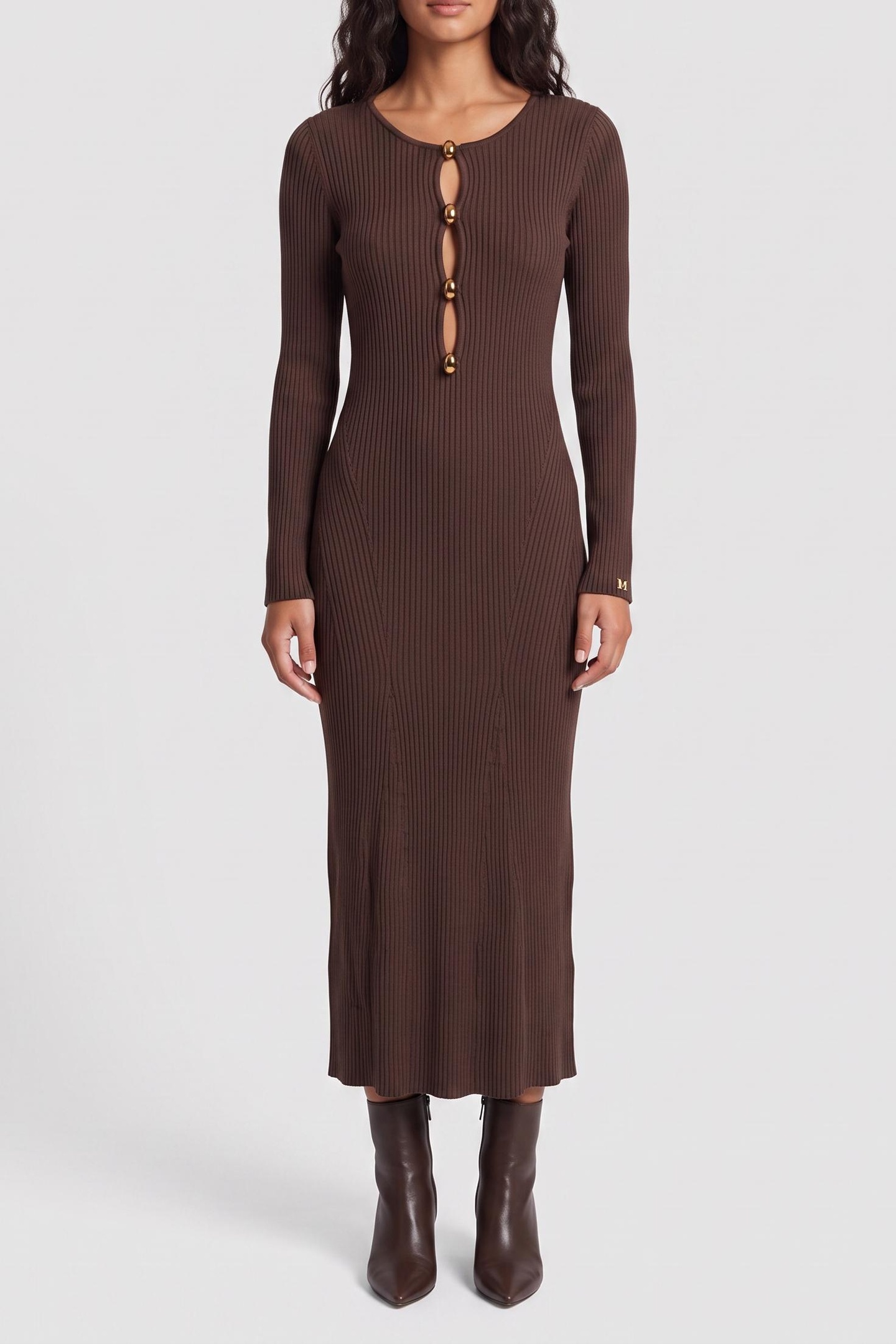 GUESS Agathe Ribbed Ls Mid Chocolate Brownie Maat: 40 | Midi Jurken Outlet | Dames | Bruin