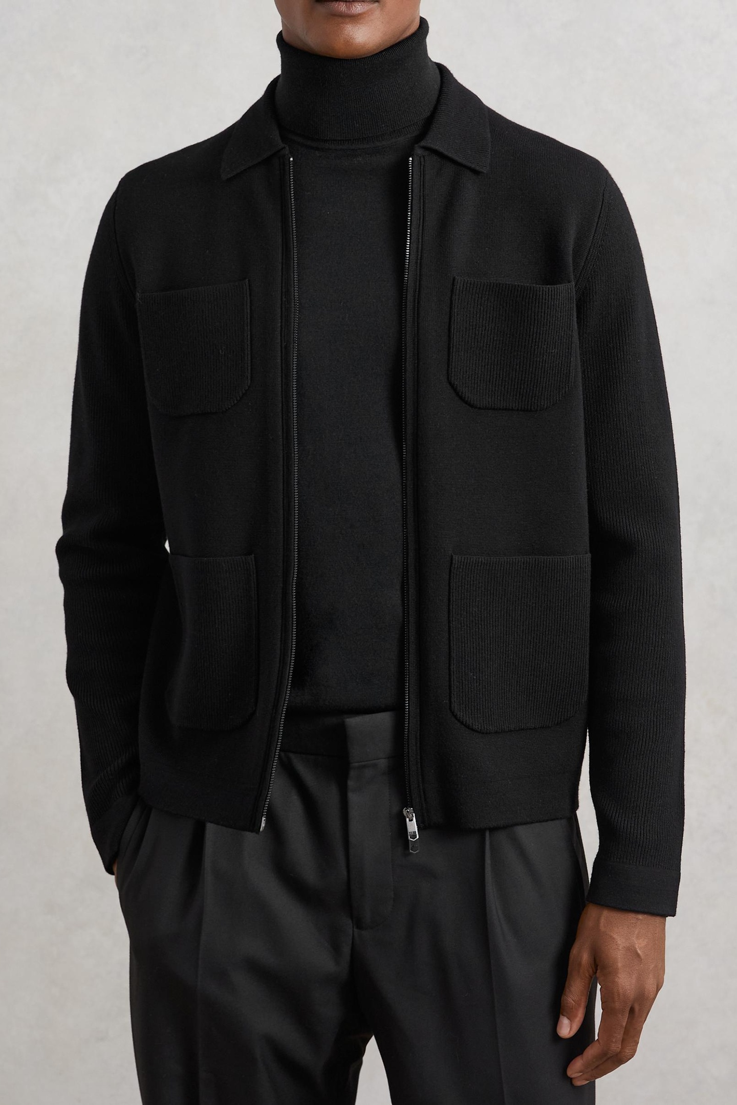 Reiss Ls Zip Through Ribbed Four Pocket Shirt Black Maat: S | Cardigans Outlet | Heren | Zwart