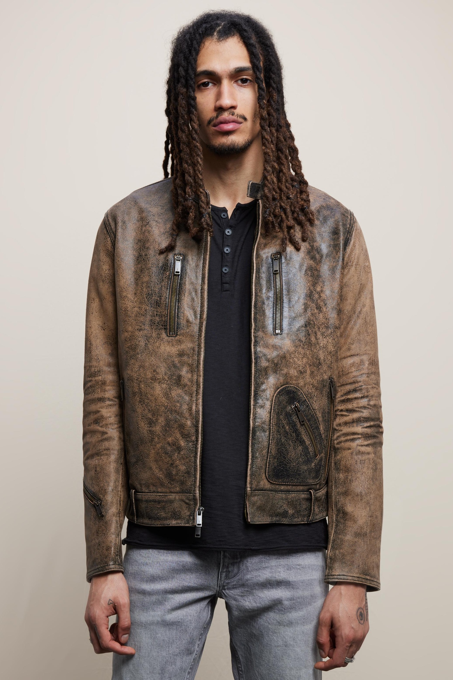 John Varvatos James Racer-racer Jacket, Desert Sand Maat: 50 | Leren Jassen Outlet | Heren | Bruin