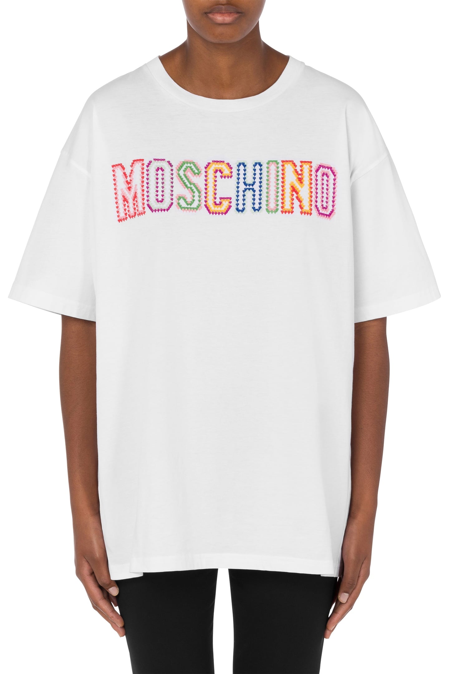 Moschino Organic Jersey Crochet Logo T-shirt White Maat: S | Tops Outlet | Dames | Wit