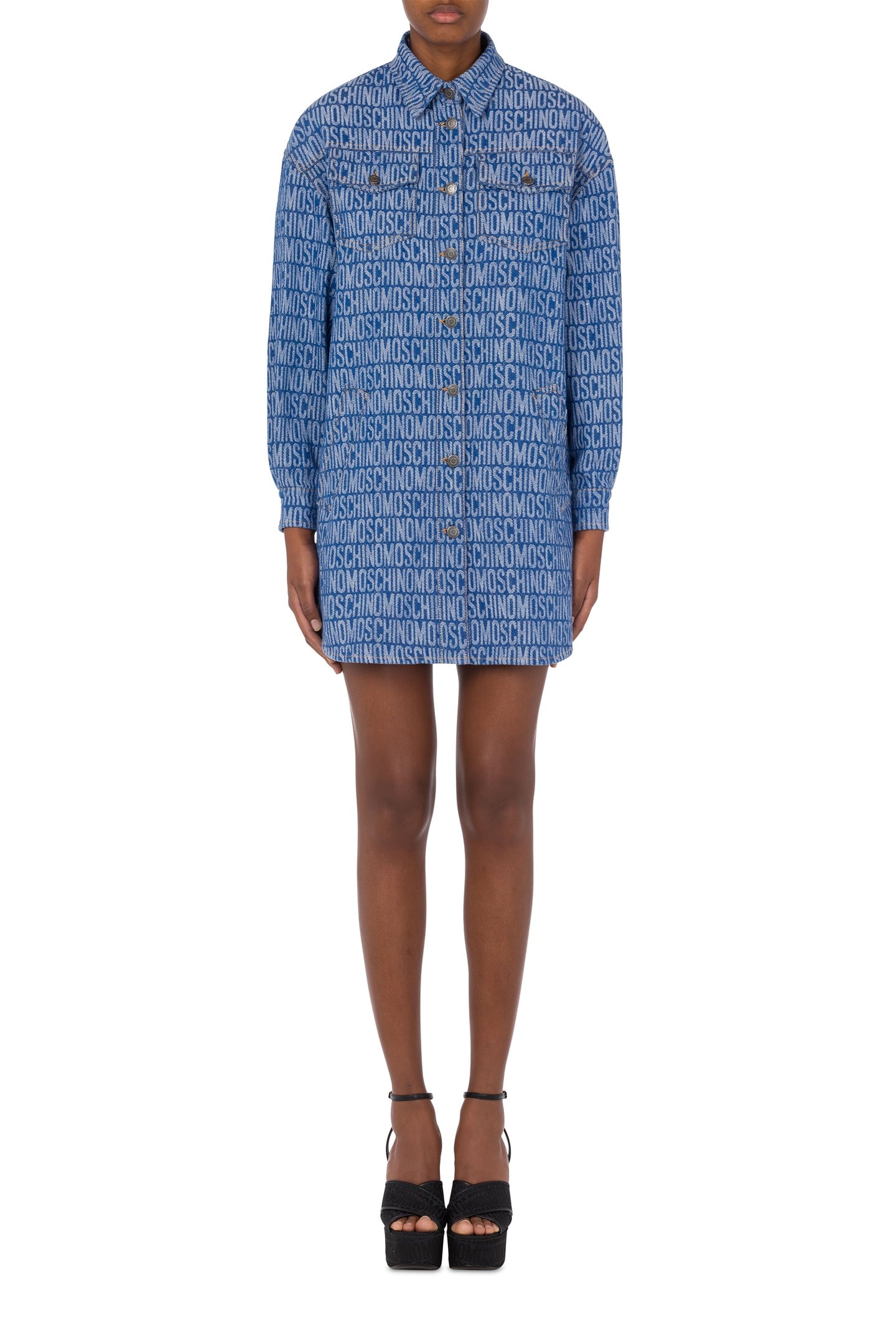 Moschino Allover Logo Denim Shirt Dress Blue Maat: 38 | Blousejurken Outlet | Dames | Blauw