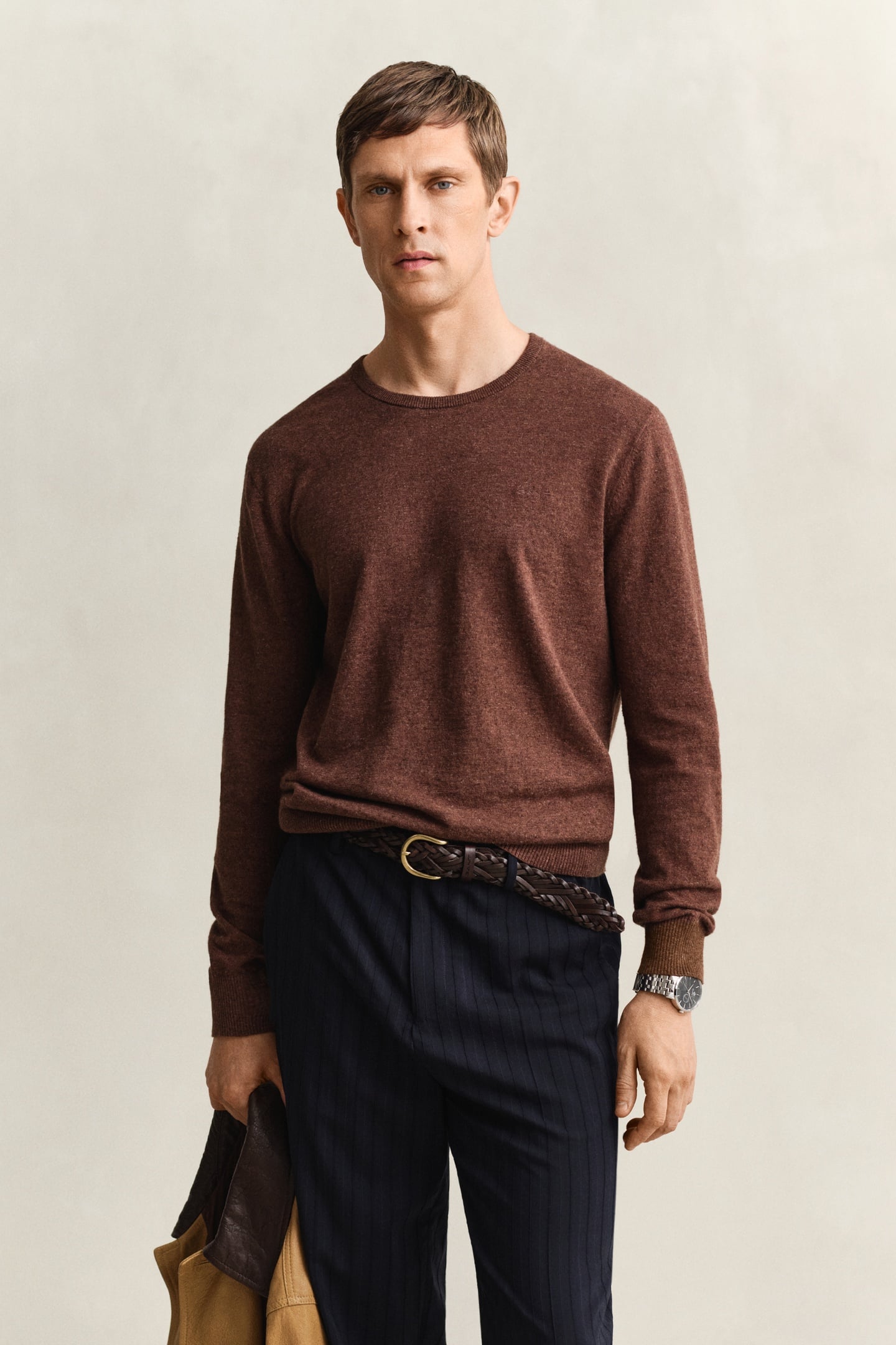 GANT Slub Cotton Linen C-neck Hazelnut Melange Maat: L | Sweaters Outlet | Heren | Bruin
