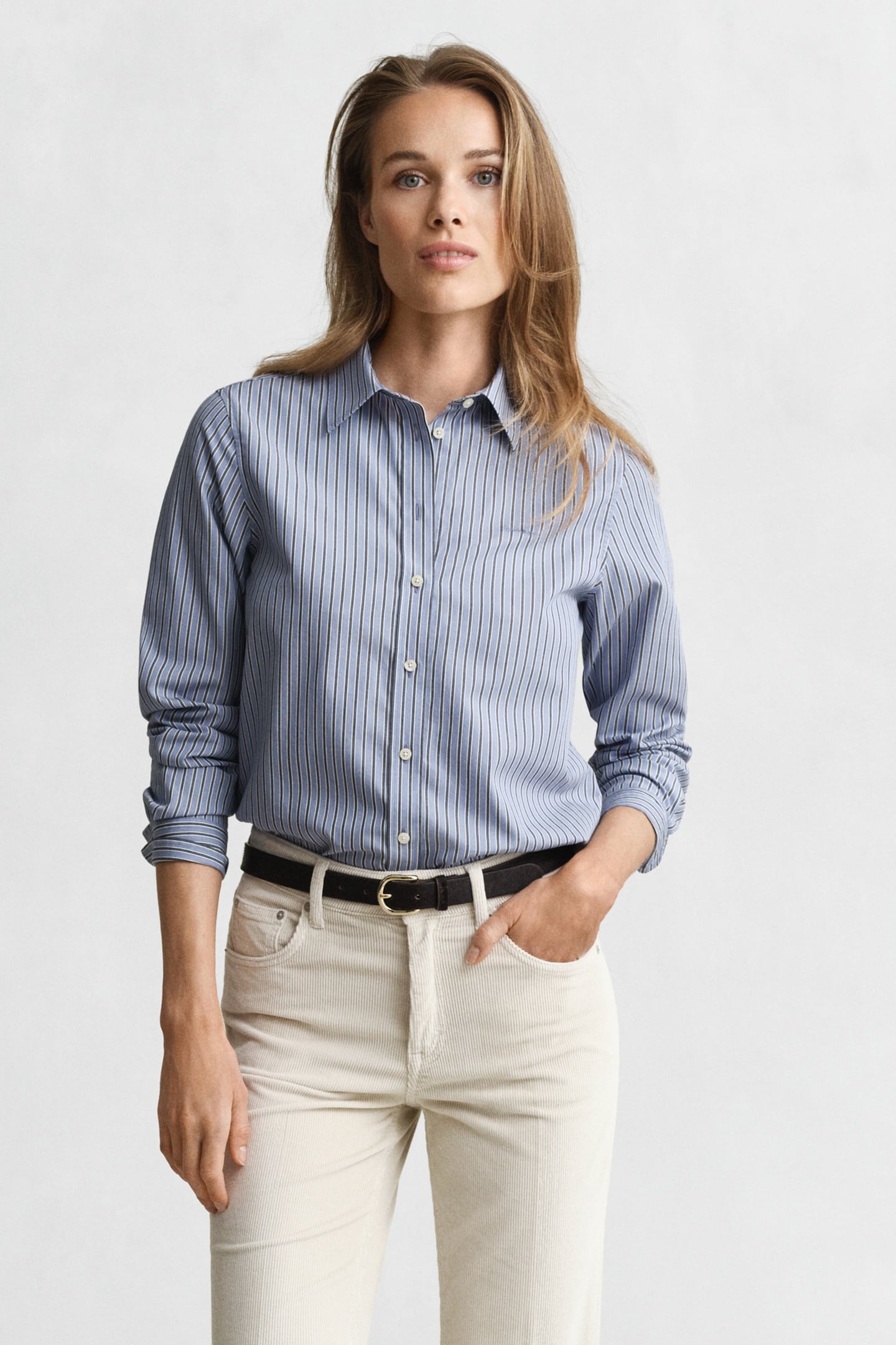 GANT Reg Classic Poplin Striped Shirt Faded Denim Maat: 36 | Longsleeves Outlet | Dames | Blauw