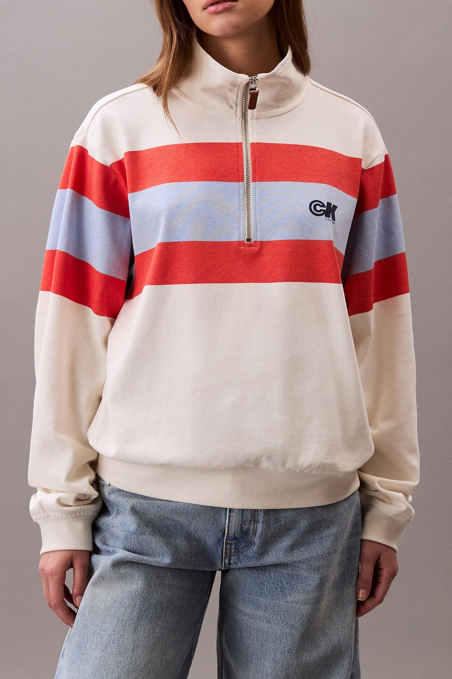 Calvin Klein Rugby Jersey 1/4 Zip Tofu Combo Stripe Size: 3XS | Long-Sleeved Tops Outlet | Dames | Ecru