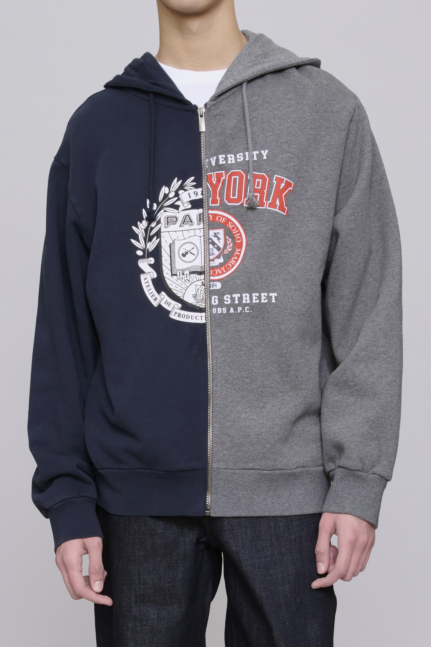 A.P.C. Unisex Split Crest Hoodie Heathered Grey/dark Navy Maat: XS | Sweaters Outlet | Unisex | Grijs