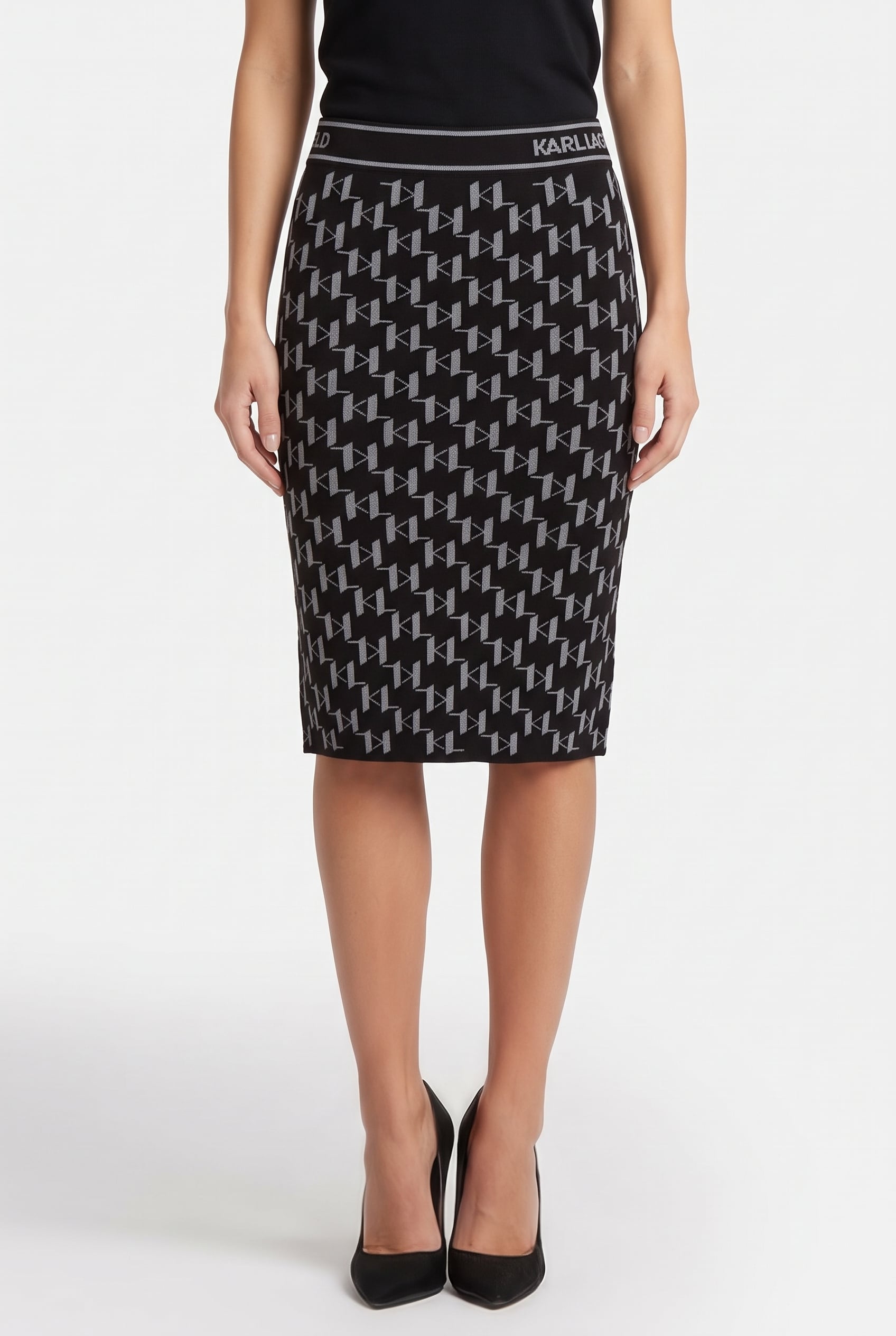 Karl Lagerfeld Kl Monogram Knit Skirt Grey Melange Monogram Maat: XS | Midi Rokken Outlet | Dames | Zwart