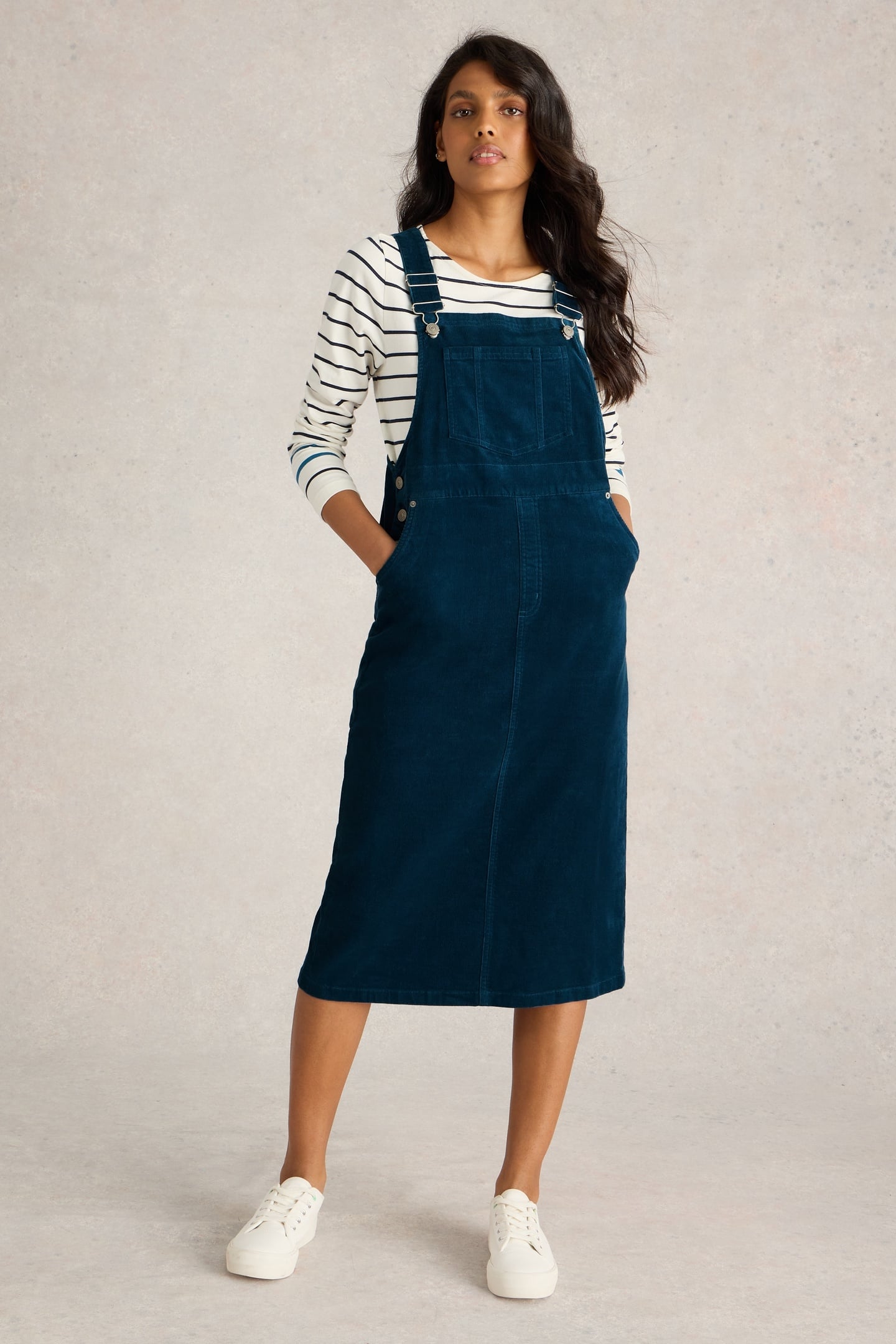 White Stuff Emmie Organic Cord Midi Pinny Dark Teal Maat: 8 REGULAR | Midi Jurken Outlet | Dames | Blauw