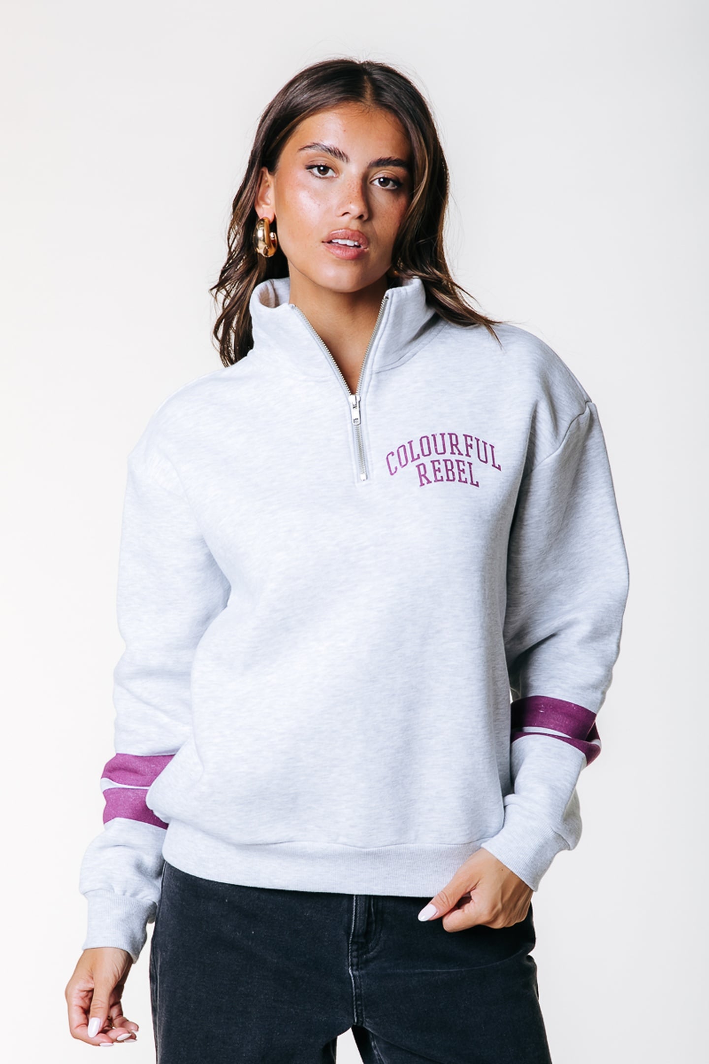 Colourful Rebel Varsity Logo Relaxed Zip Sweat Light Grey Melange Talla: XS | Sudaderas con Capucha Outlet | Mujer | Gris