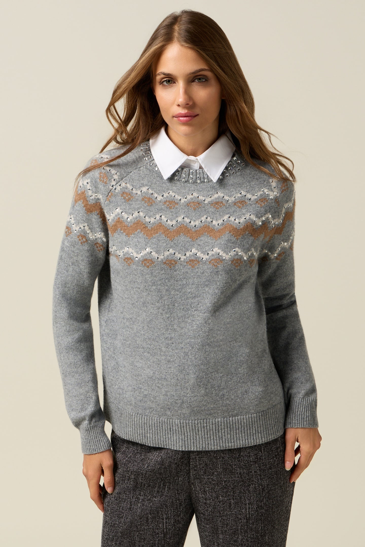 Oltre Mixed Wool Jacquard Sweater With Appliqués Grey Maat: S | Sweaters Outlet | Dames | Grijs