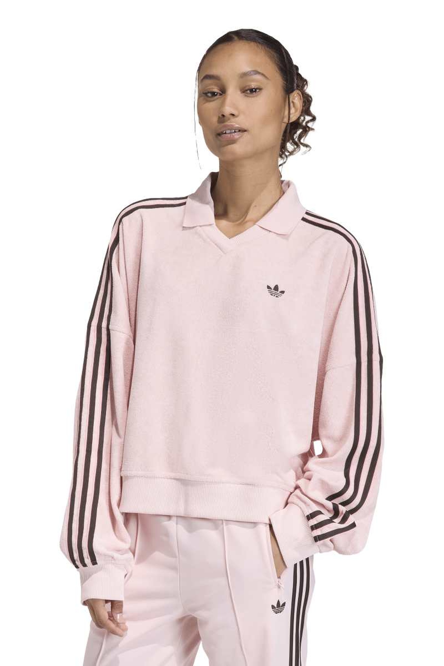 Adidas Terry Towel V Neck Long Sleeves Polo Shirt Sandy Pink Maat: L | Longsleeves Outlet | Dames | Roze