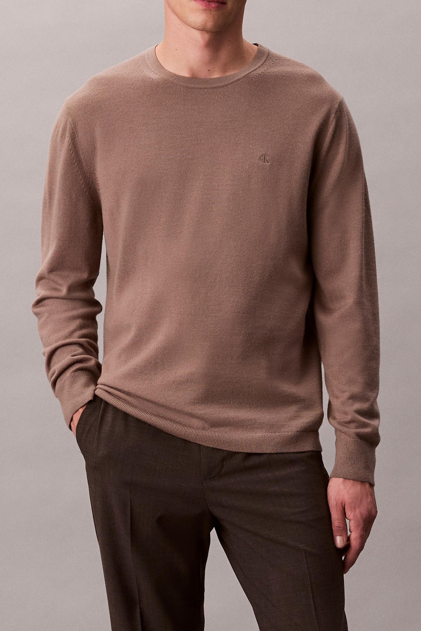 Calvin Klein Ls 100% Merino Crew Taupe Tone Größe: M | Pullover Outlet | Herren | Schwarz