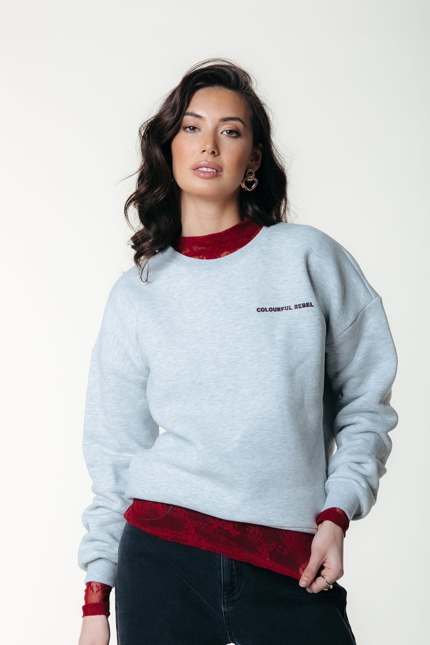 Colourful Rebel Cr Round Flower Dropped Shoulder Sweat Light Grey Melange Talla: XL | Sudaderas con Capucha Outlet | Mujer | Gris