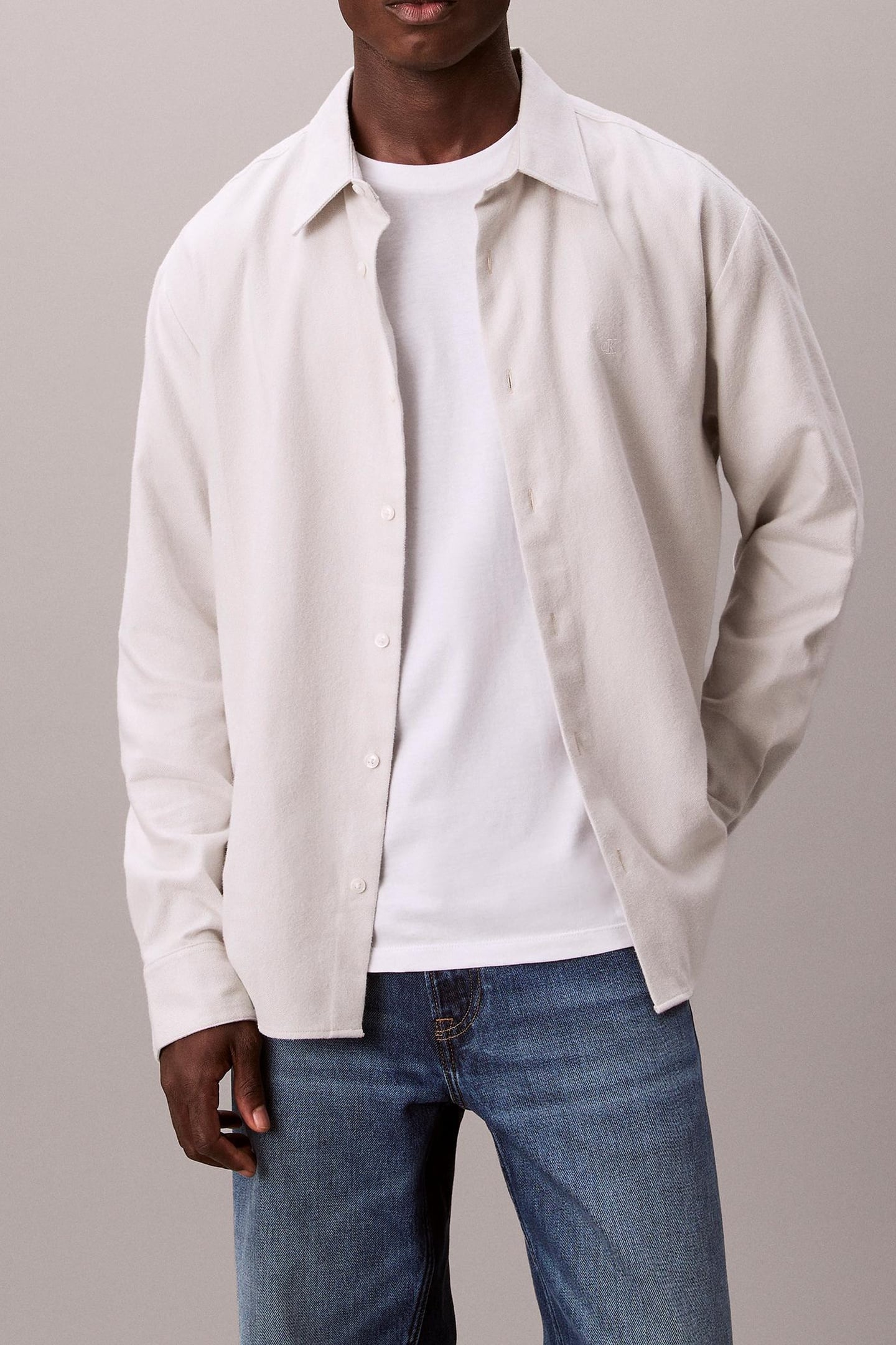 Calvin Klein Ls Melange Flannel Shirt Harbor Mist Size: XXL | Long-Sleeved T-Shirts Outlet | Heren | Ecru