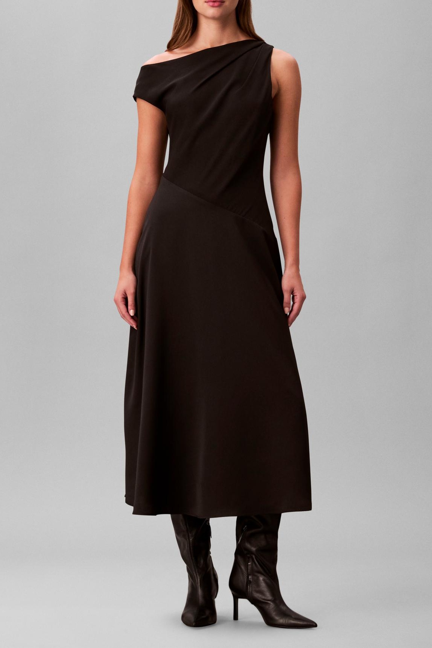 Calvin Klein Crepe One Shoulder Dress Black Maat: M | Midi Jurken Outlet | Dames | Zwart