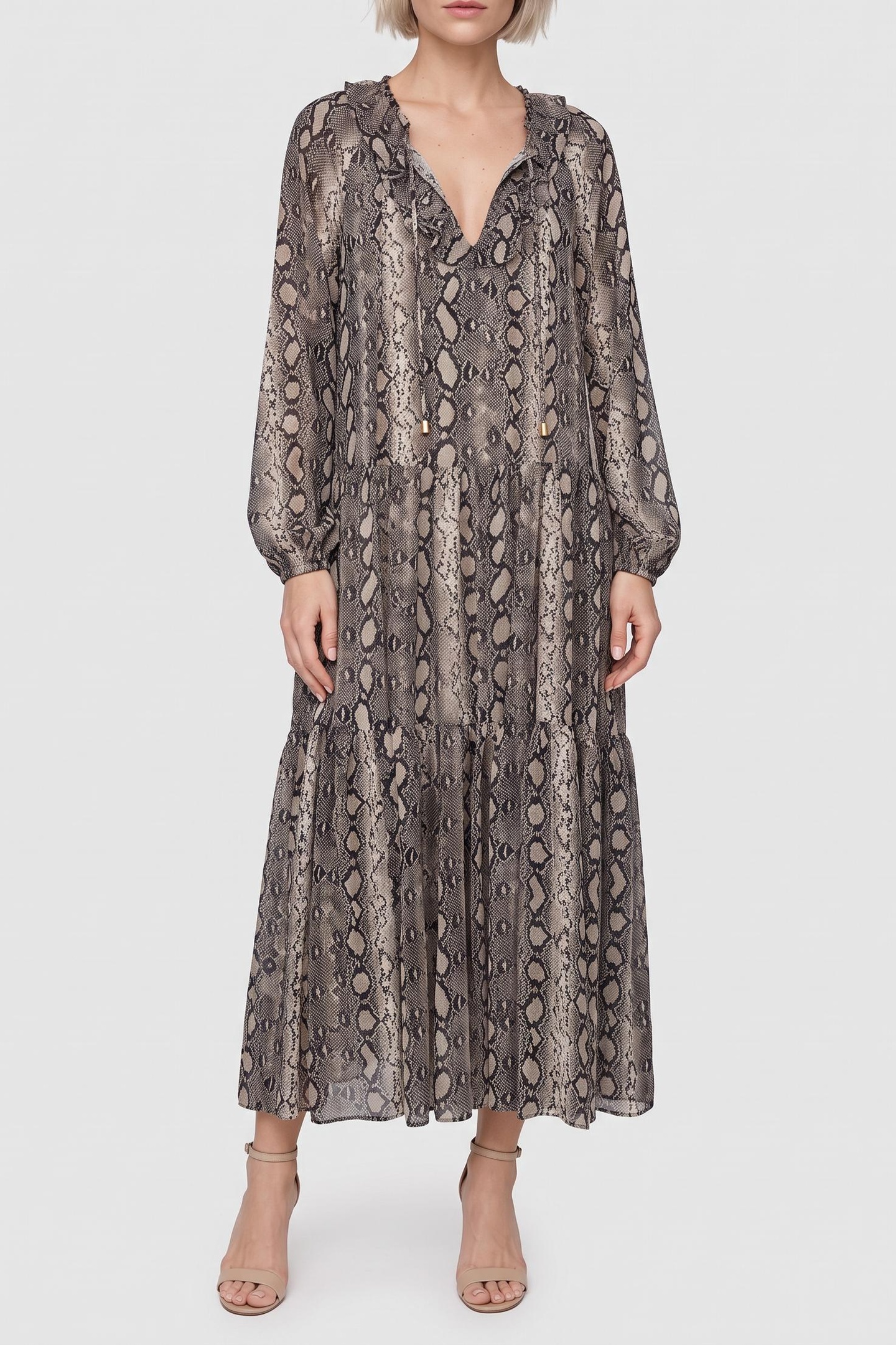 Michael Kors Snake Ruffle Neck Caftan Soft Ecru Maat: S | Midi Jurken Outlet | Dames | Ecru
