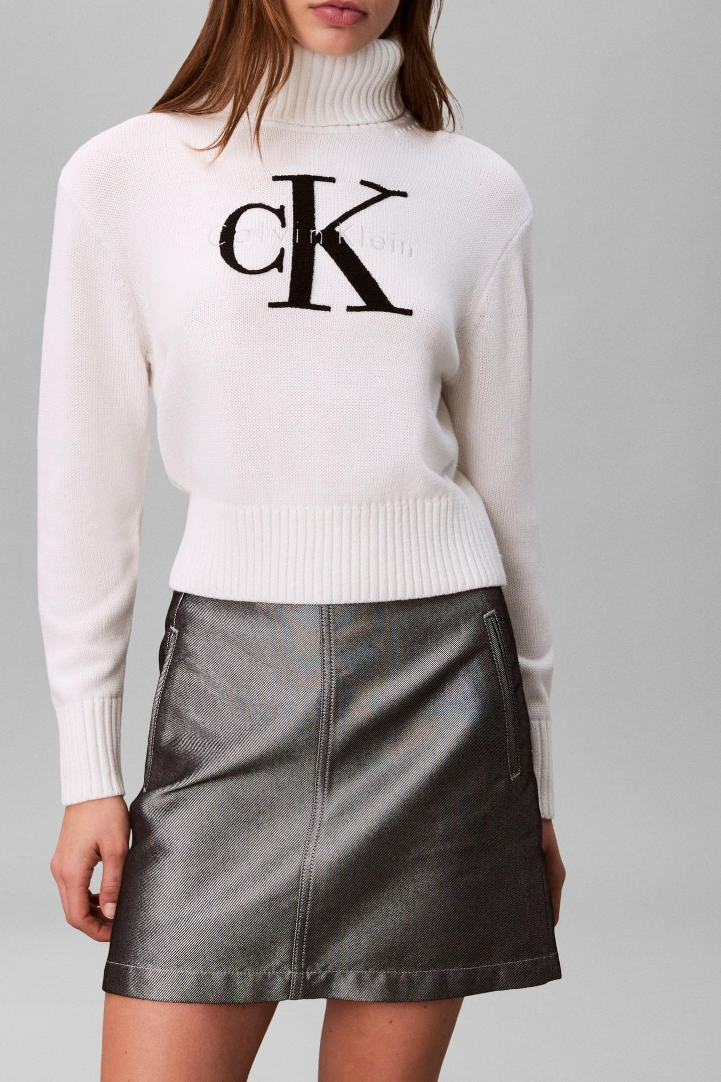 Calvin Klein Chenille Monologo Sweater Brilliant White Maat: XXS | Sweaters Outlet | Dames | Wit