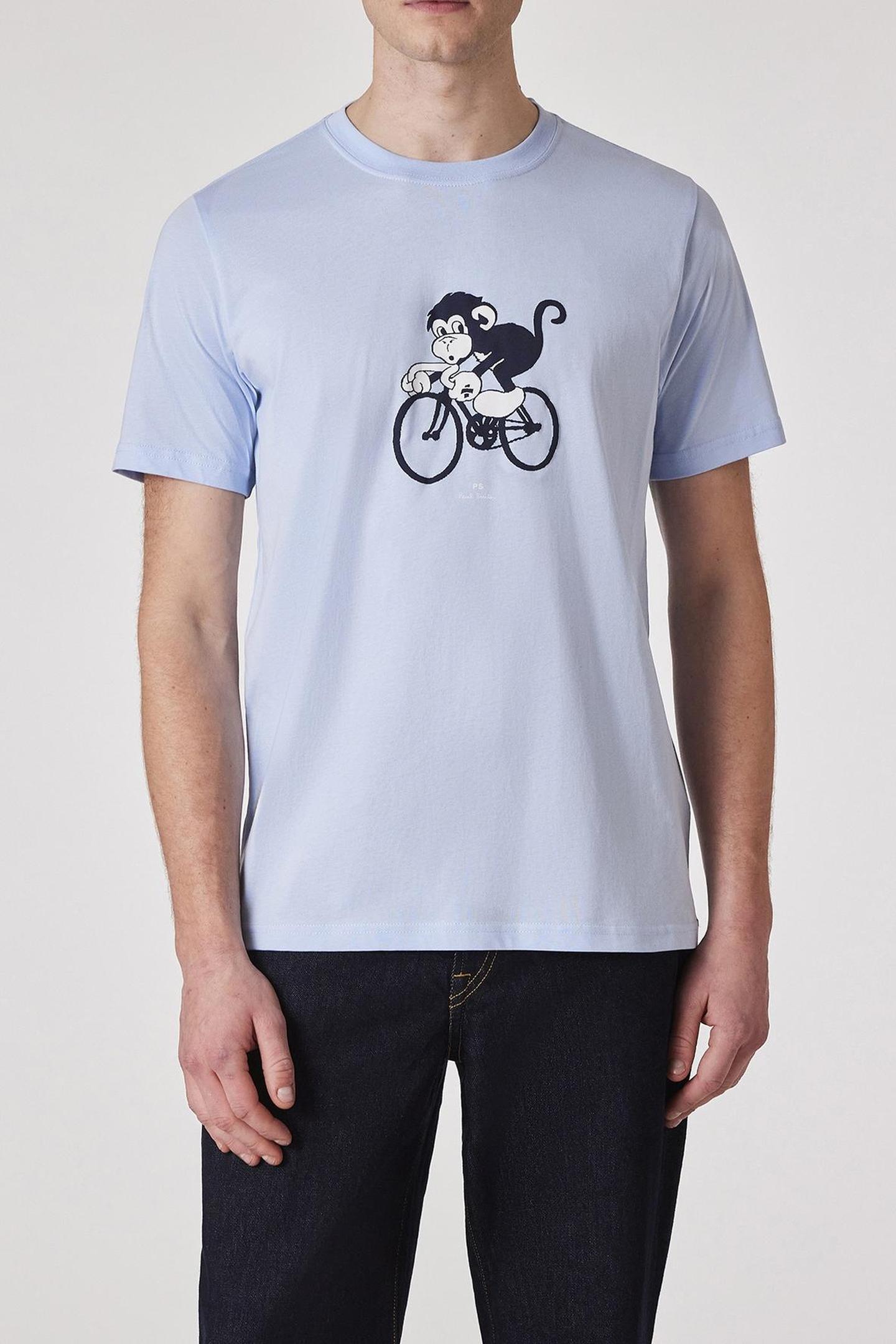 Paul Smith Mens Reg Fit Tshirt Bike Monkey Light Blue Maat: XL | Basic T-Shirts Outlet | Heren | Blauw