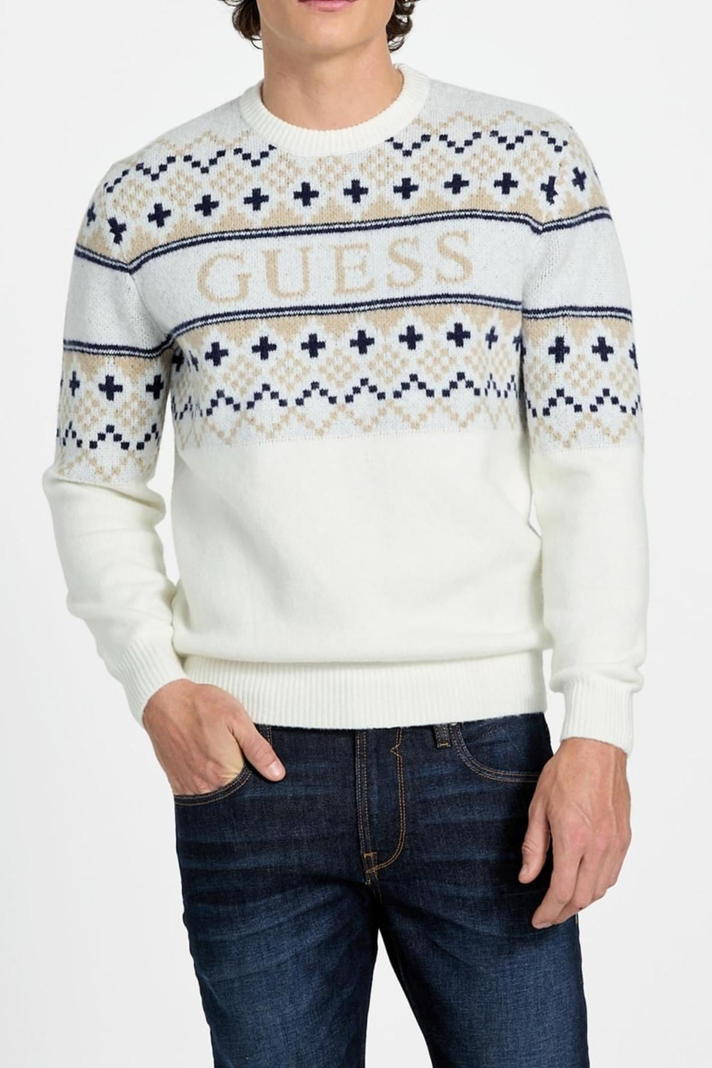 GUESS Ski Cn Jacquard Swtr Cream White Maat: L | Sweaters Outlet | Heren | Wit
