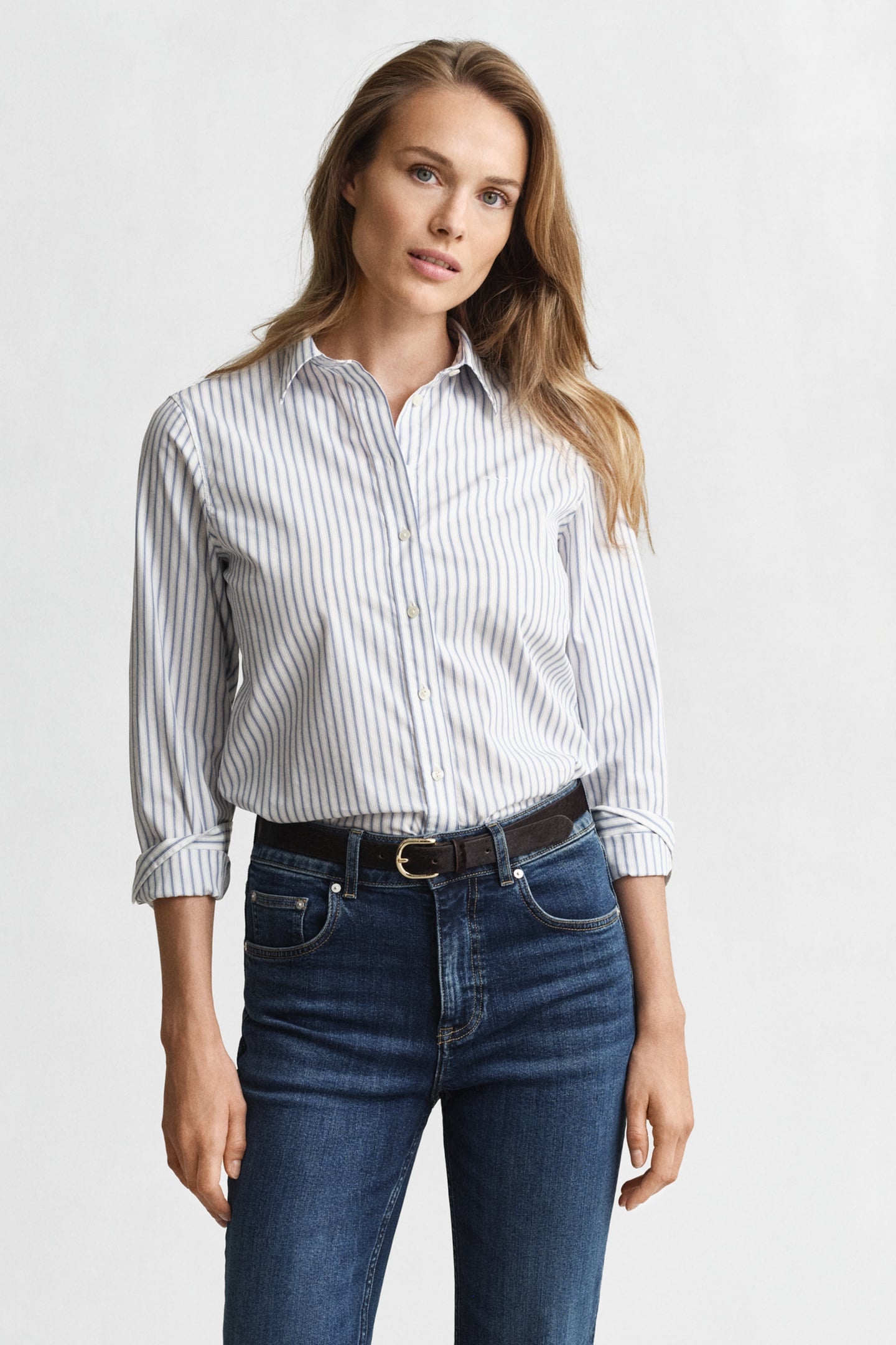 GANT Reg Classic Poplin Striped Shirt Eggshell Maat: 34 | Longsleeves Outlet | Dames | Wit