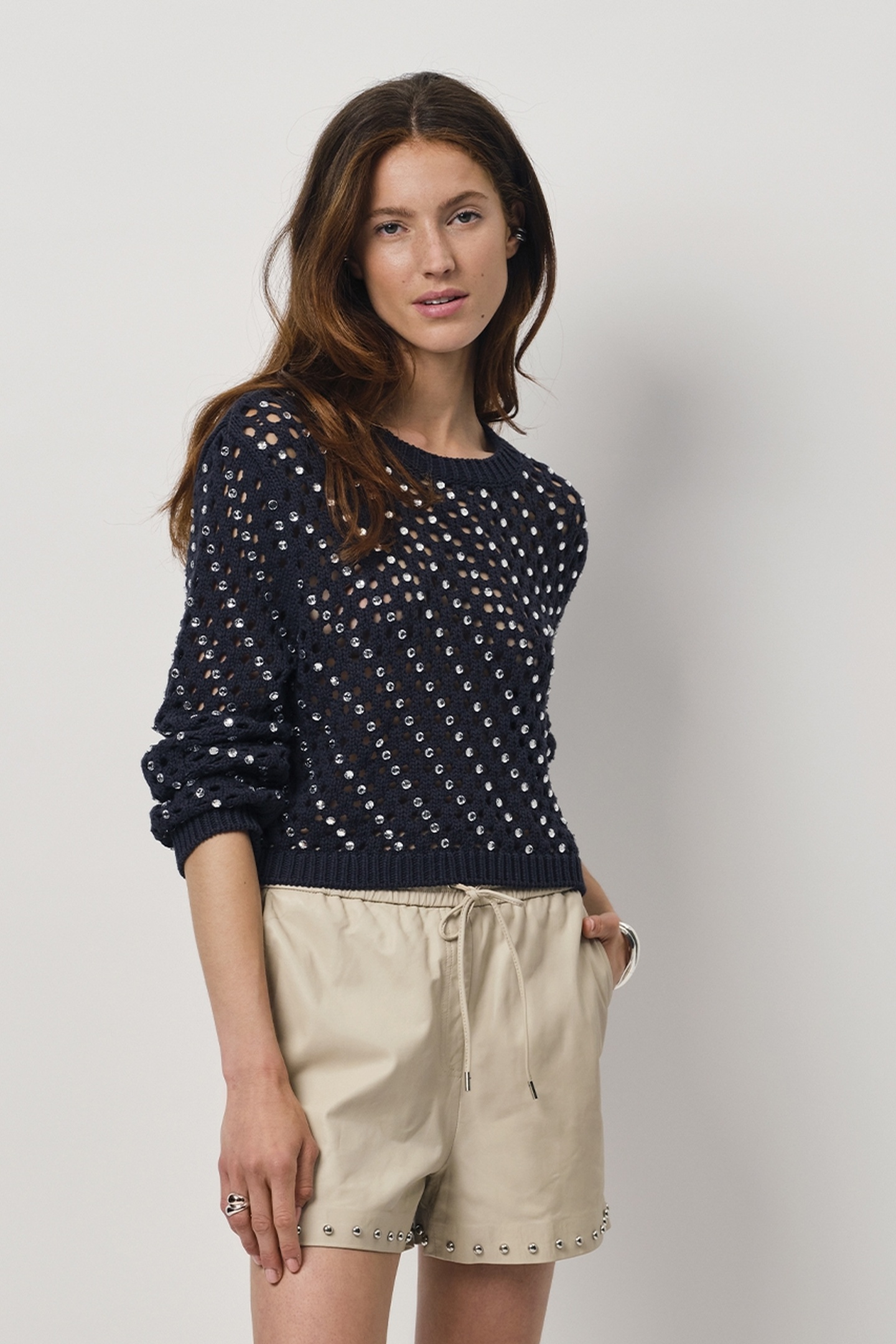 Dante6 Orphee Cropped Rhinestone Sweater Navy Ink Maat: XL | Sweaters Outlet | Dames | Blauw