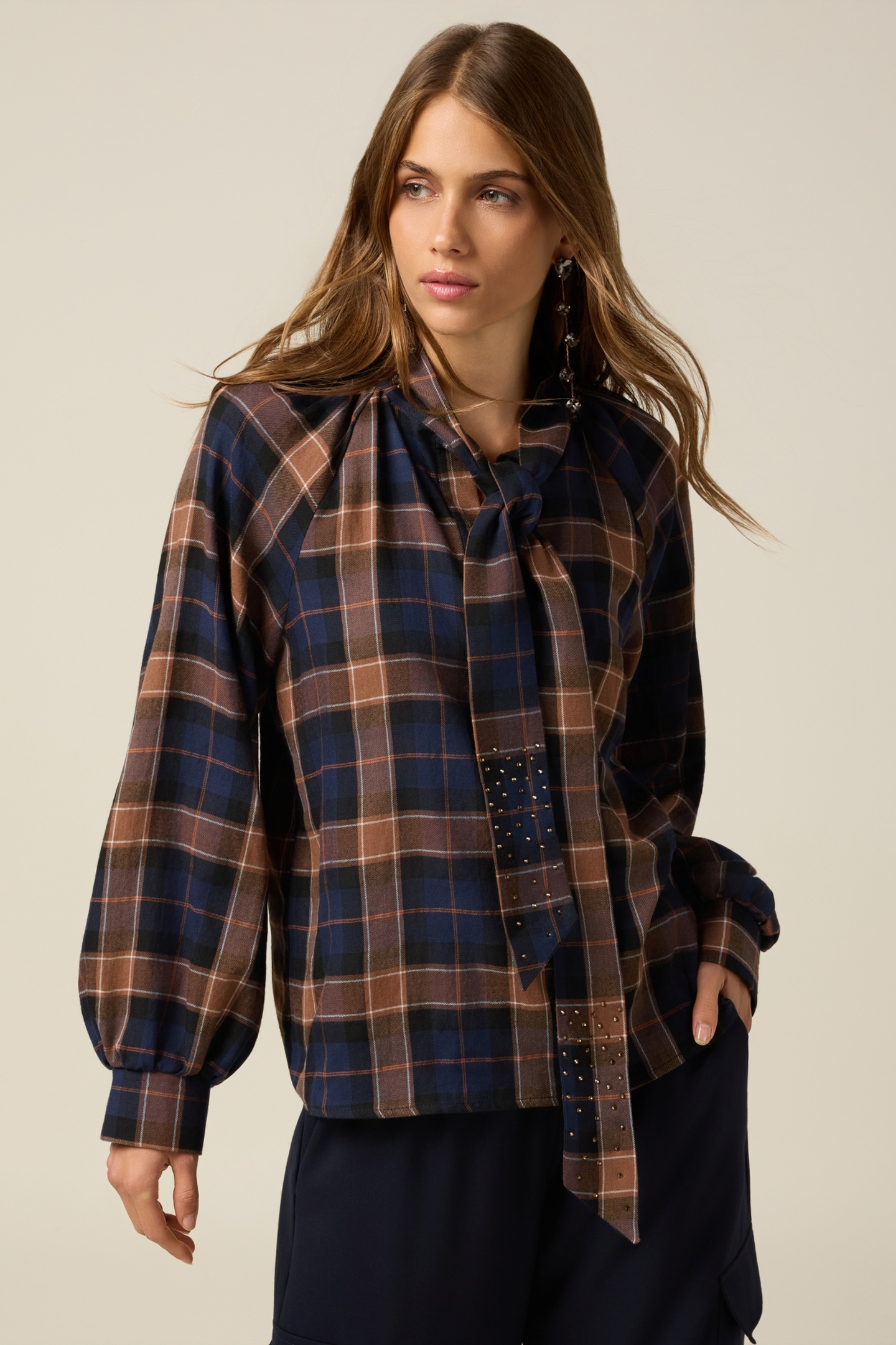 Oltre Check Shirt With Bow Brown Taglia: XL | Maglie a manica lunga Outlet | Donna | Marrone