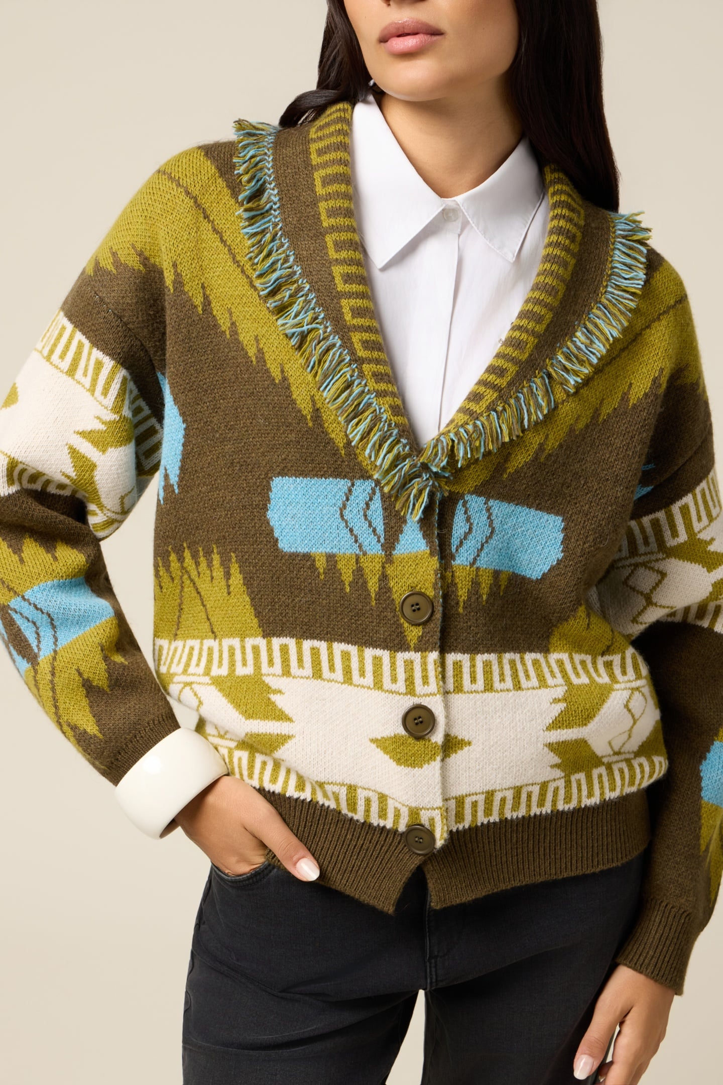 Oltre Knitted Cardigan With Decorative Fringe Green Talla: M/L | Sudaderas con Capucha Outlet | Mujer | Verde