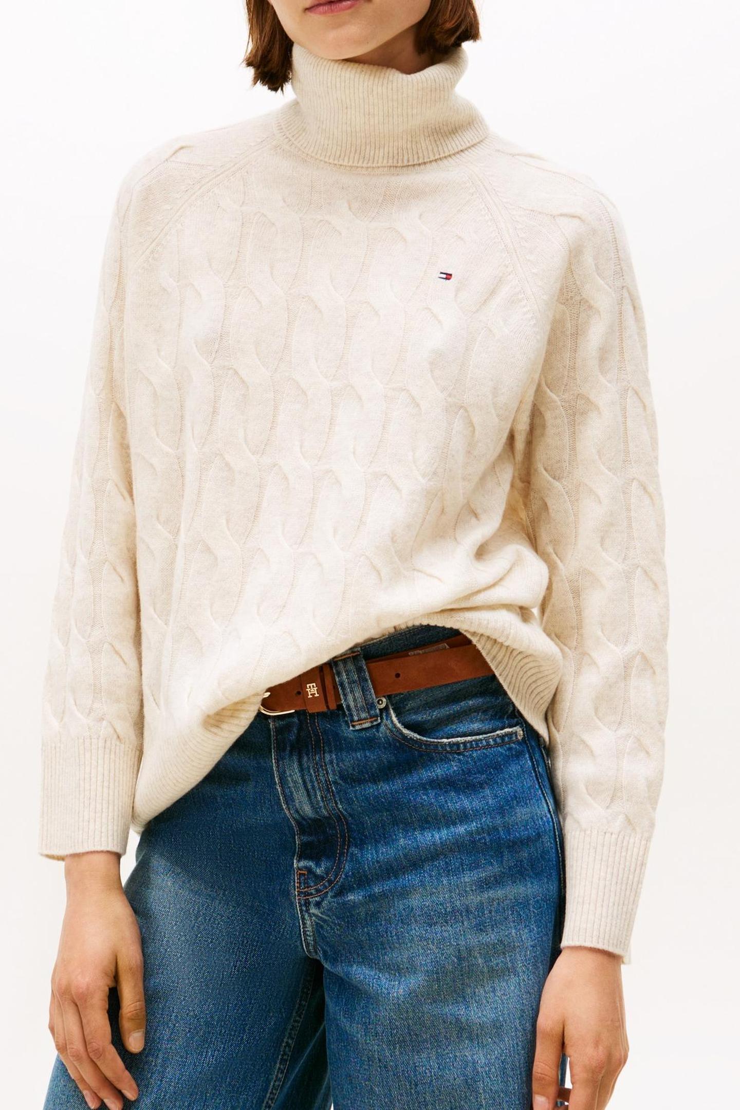 Tommy Hilfiger Soft Wool Cable Roll Neck Heather Oatmilk Taglia: XL | Maglioni a maglia Outlet | Donna