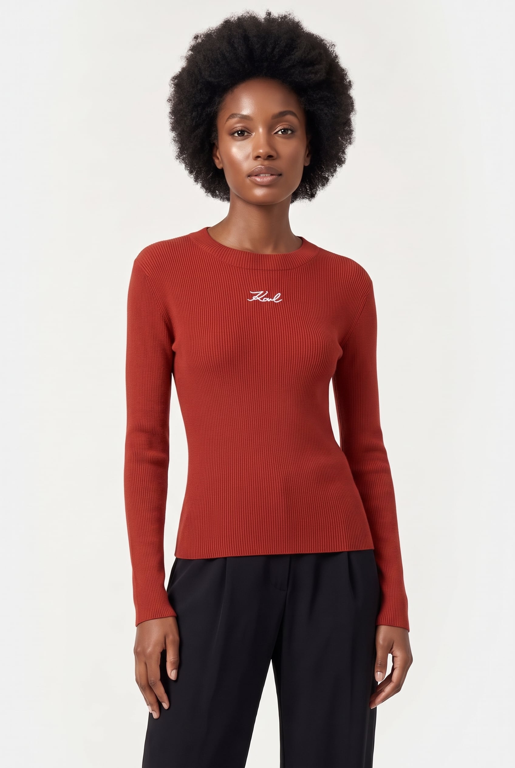 Karl Lagerfeld Longsleeve Ribbed Mock Neck Cinnabar Maat: M | Sweaters Outlet | Dames