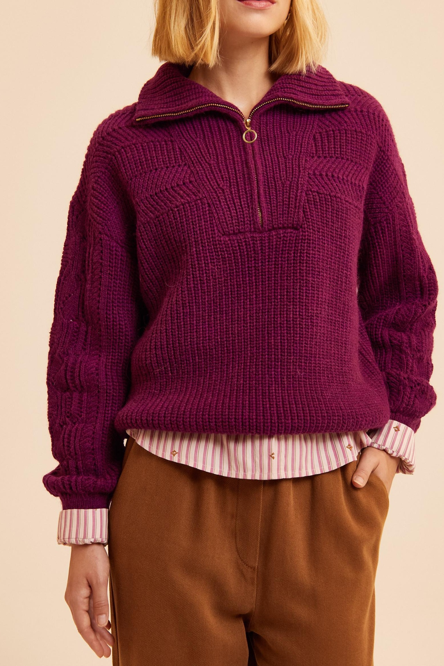ICode Pink Decorative Knit Zip-neck Sweater Maat: M | Sweaters Outlet | Dames | Roze