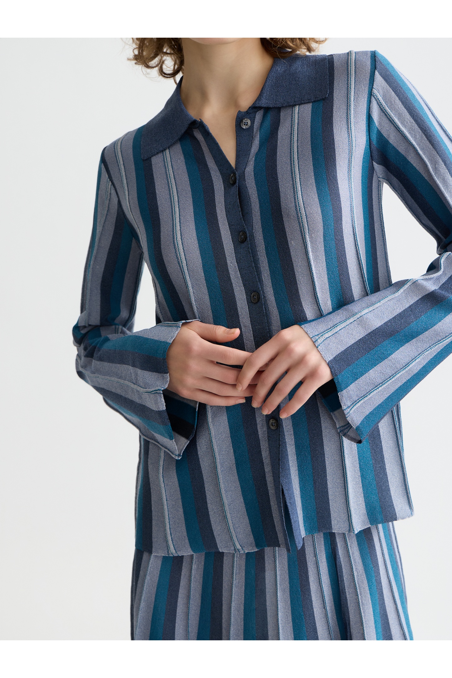 Scotch & Soda Pleated Stripe Collared Cardigan Carbon Size: S | Long-Sleeved Tops Outlet | Dames | Blauw