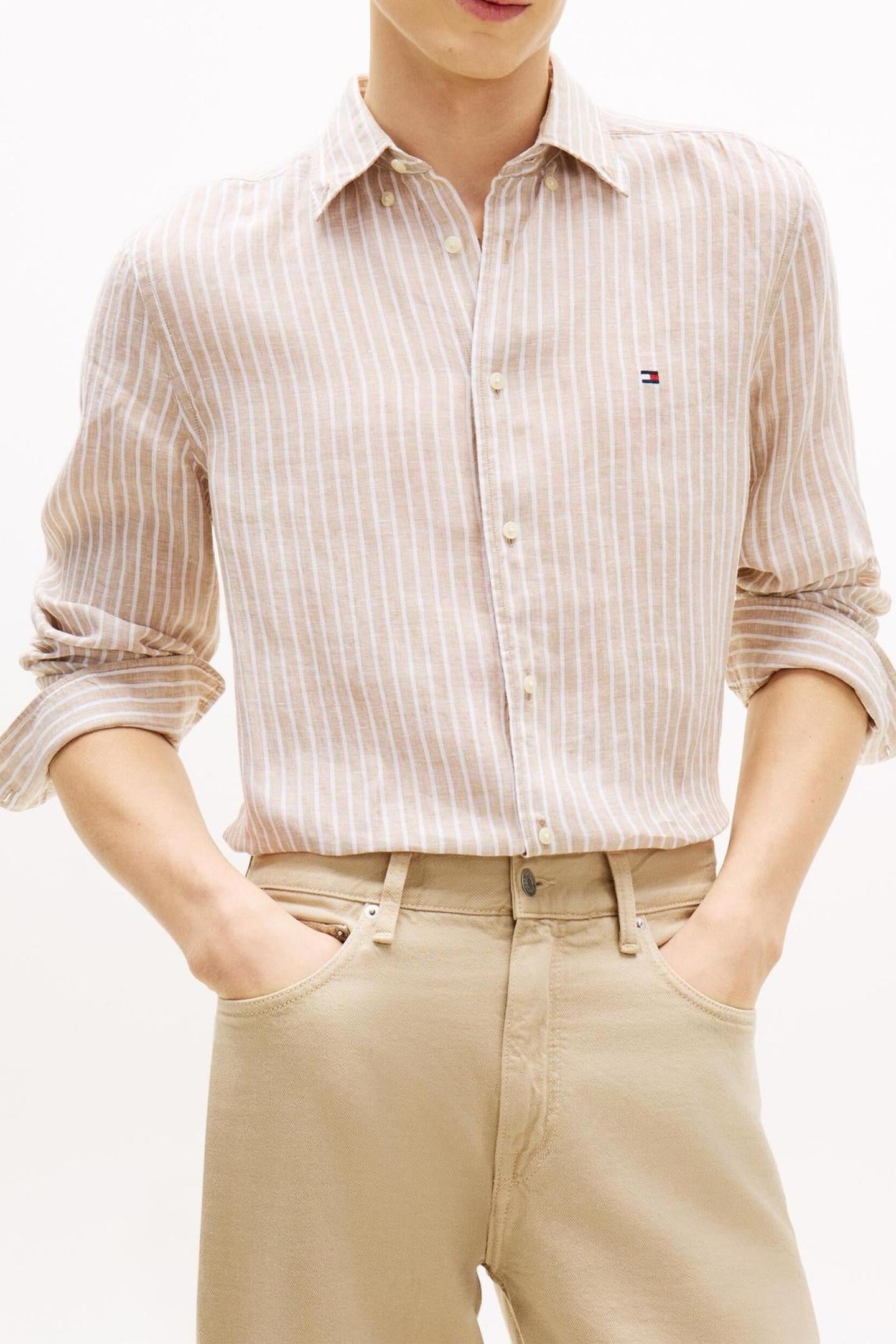 Tommy Hilfiger Linen Bengal Stripe Sandalwood/stripe Taille: M | Casual chemises Outlet | Homme | Blanc