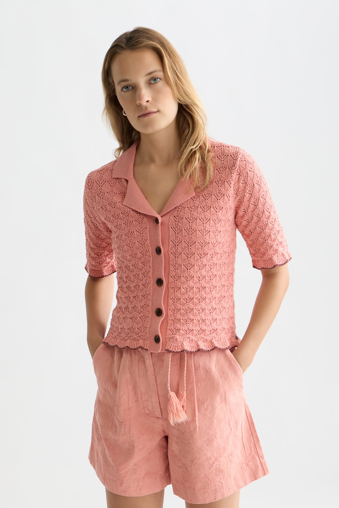 Scotch & Soda Pointelle Short Sleeve Cardigan Canyon Clay Talla: S | Sudaderas con Capucha Outlet | Mujer