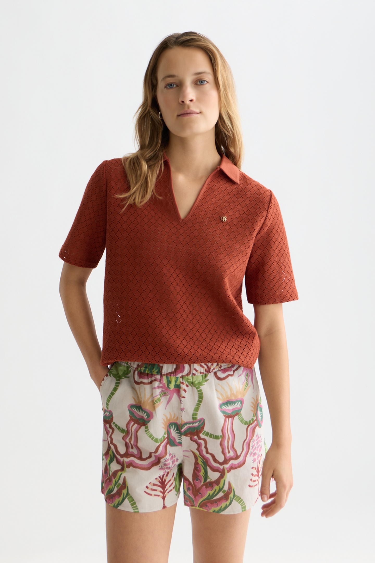 Scotch & Soda Crochet Polo Burnt Henna Size: S | Polo Shirts Outlet | Dames | Bruin