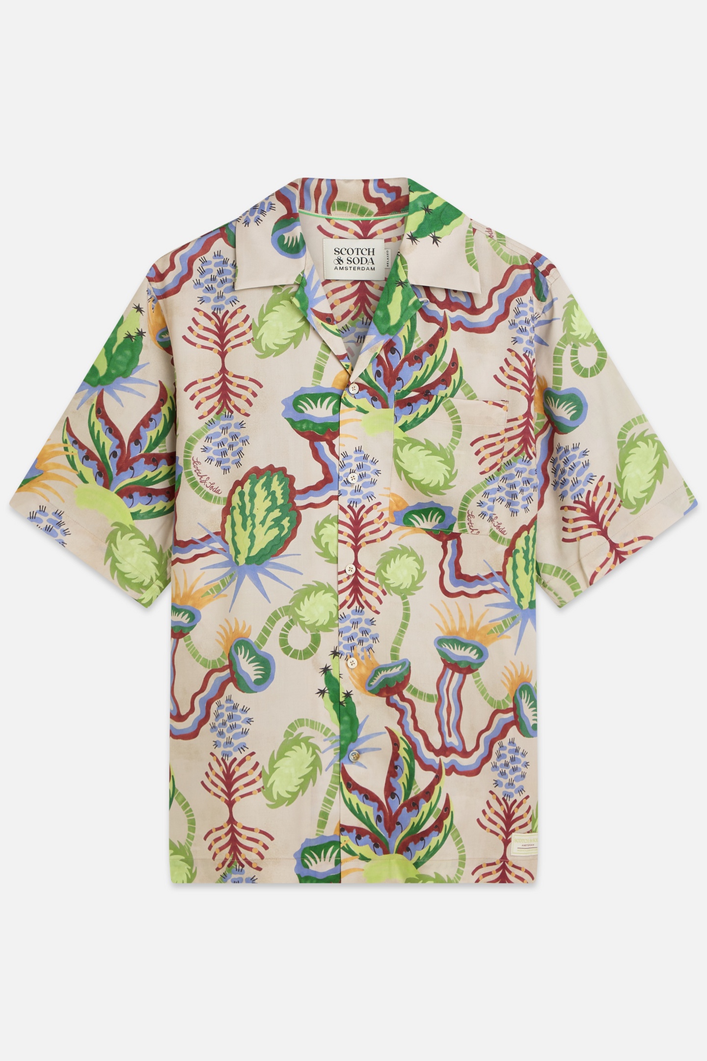 Scotch & Soda Printed Tencel Relaxedfit Shortsleeved Shirt Tan Combo Maat: M | Casual Overhemden Outlet | Heren | Beige