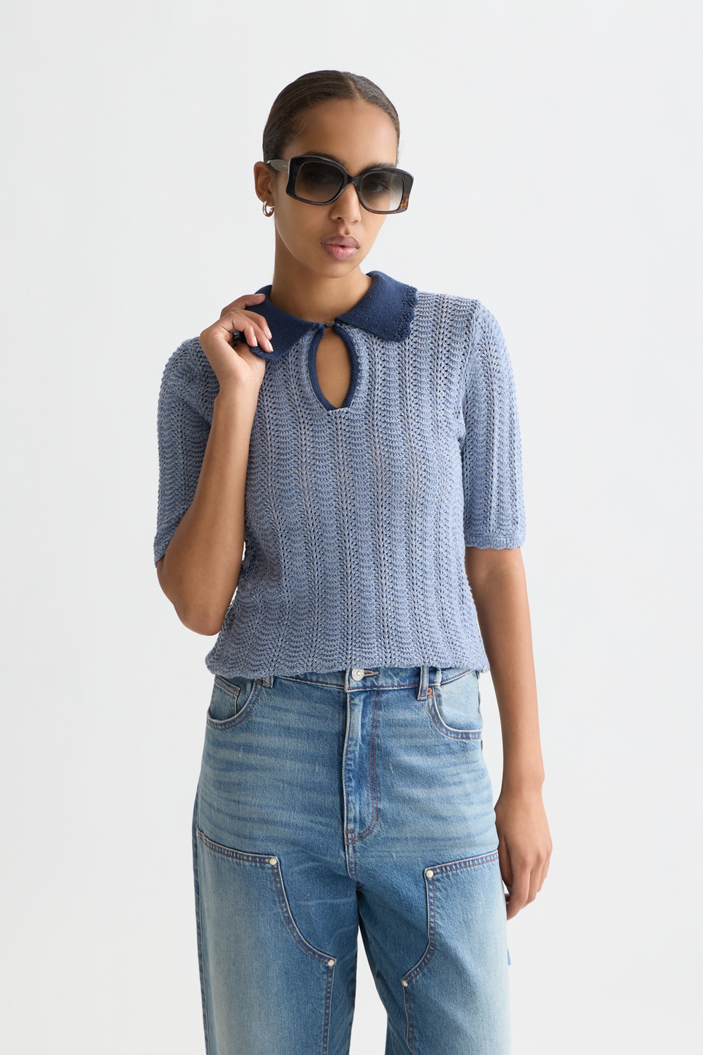 Scotch & Soda Pointelle Collared Knitted Tee Infinity Melange Maat: S | Blouses Outlet | Dames | Blauw