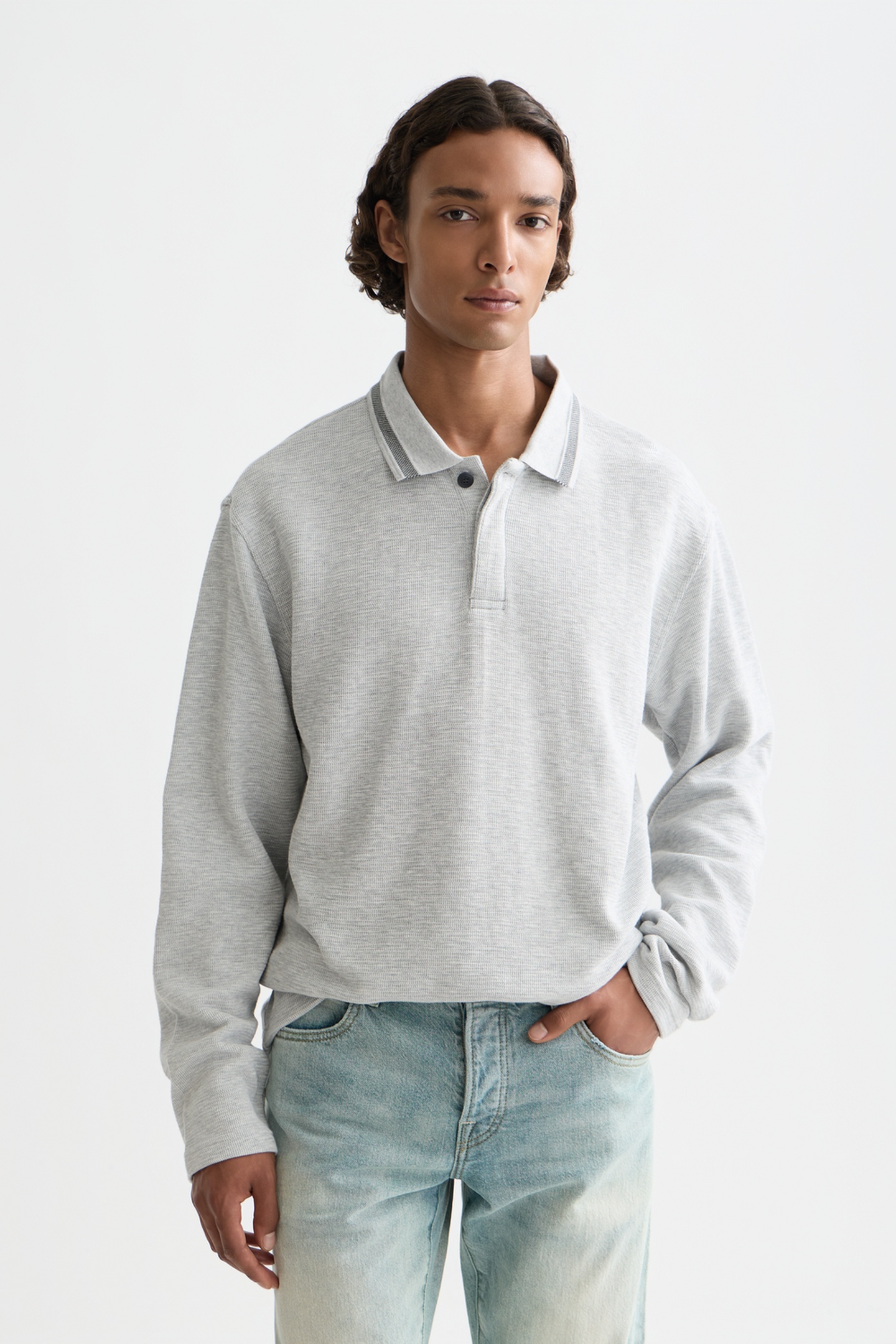 Scotch & Soda Structured Relaxed-fit Long-sleeved Polo Light Pastel Grey Größe: XL | Poloshirts Outlet | Herren | Grau