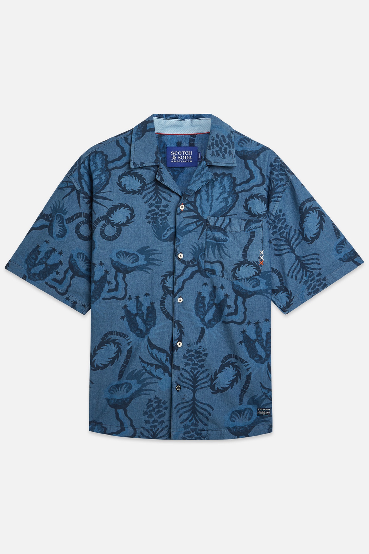 Scotch & Soda Printed Chambray Shortsleeved Shirt Navy Maat: M | Casual Overhemden Outlet | Heren | Blauw